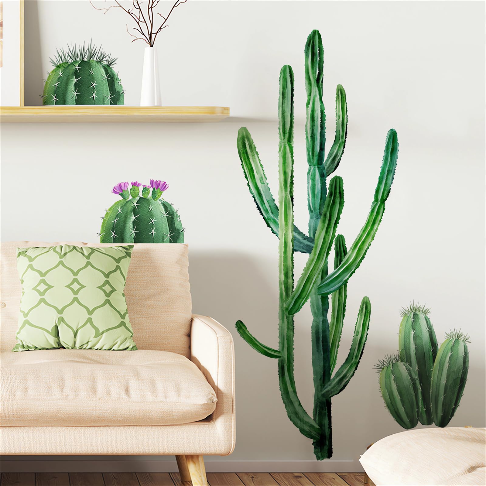 Big Cactus Wall Stickers, sacinora Large Tropical Green Plants DIY Wall Decals Removable Vinyl Peel and Stick for Living Room Children's Room Bedroom