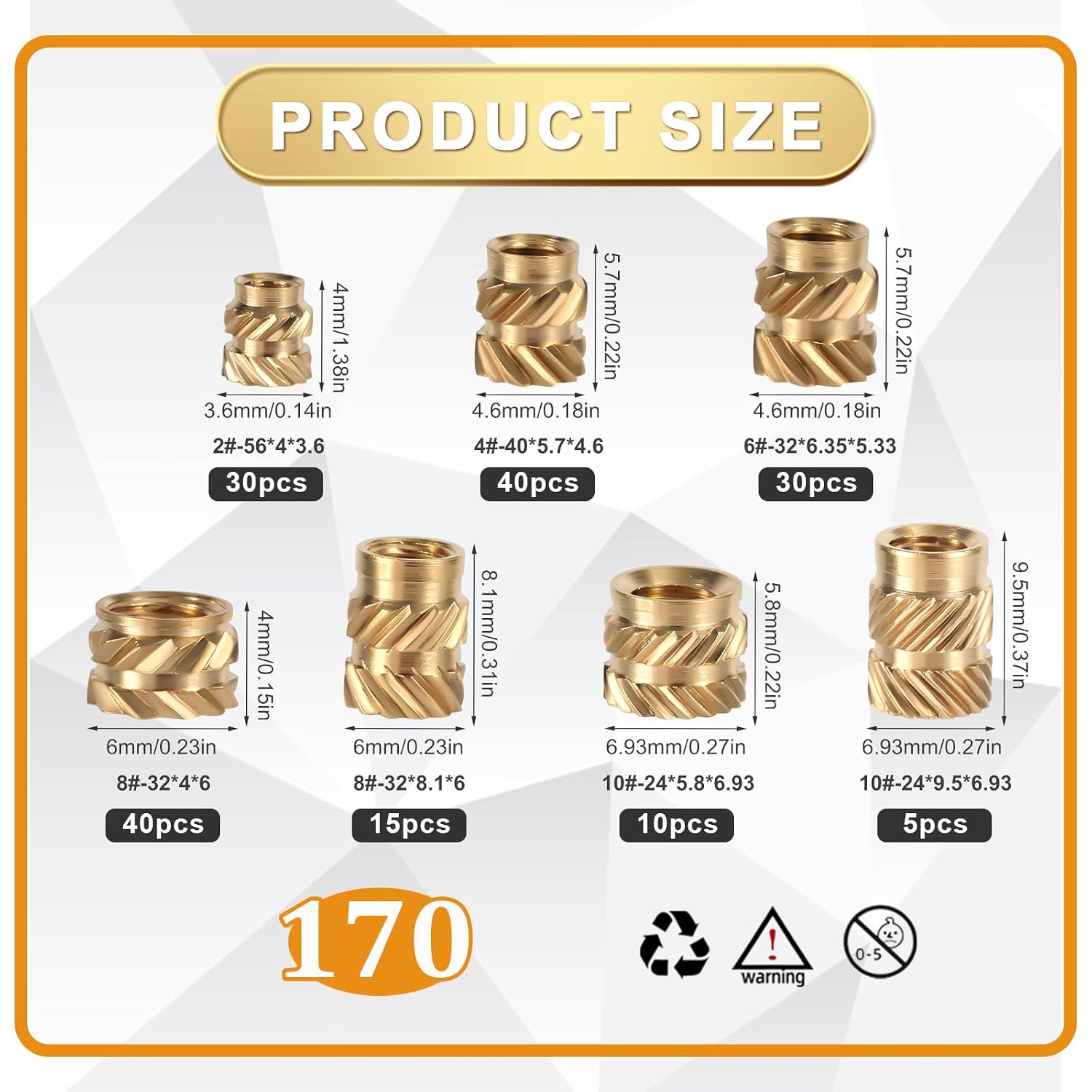170pcs Female Thread Knurled Nuts - 2-56, 4-40, 6-32, 8-32, 10-24 Brass 3D Printing Nuts for Plastic Injection Molding image 2