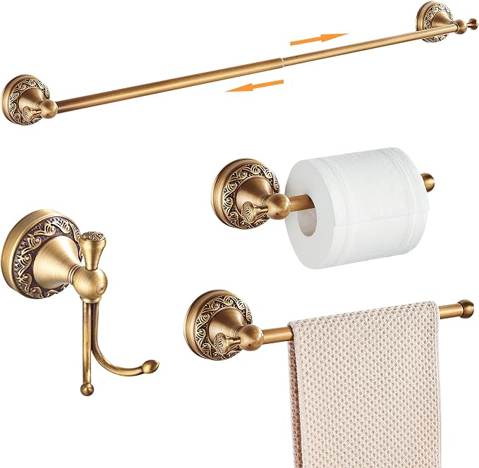 Antique Bronze Bathroom Hardware Set,Adjustable Towel Rack, Toilet Roll Paper Holder,Hand Towel Holder,Hook, Bathroom Accessories Set Wall Mounted （Carve Patterns）