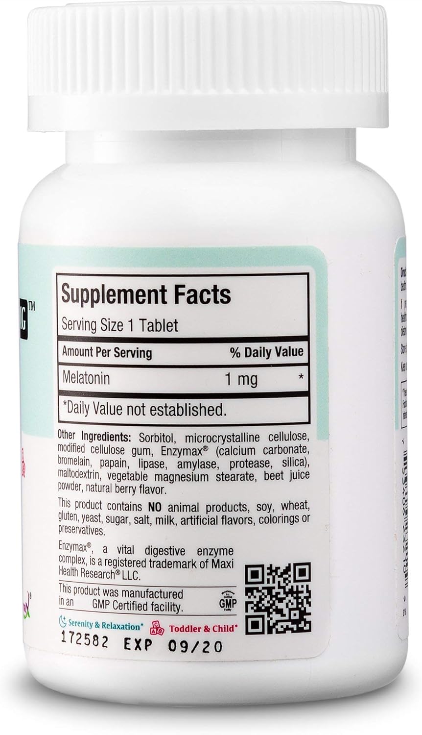 Maxi Health 1mg Melatonin Chewables – Adults & Kids Melatonin to Encourage Natural Sleep – Non-Habit Forming Kosher Sleep Supplement with Enzymax for Fast-Acting Support (200 Units)