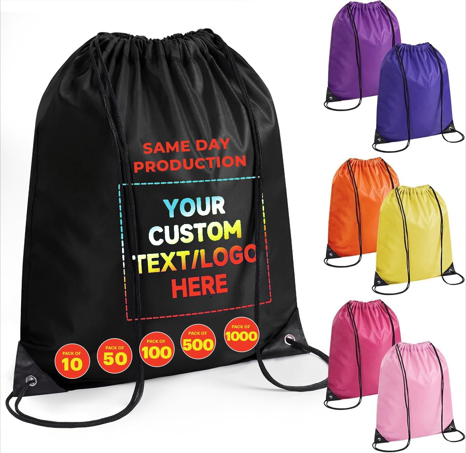 Custom Drawstring Backpacks Bulk (10–1000 Pack), Personalized Promotional Bags with Logo or Text, Lightweight Gym, Travel & Everyday Use
