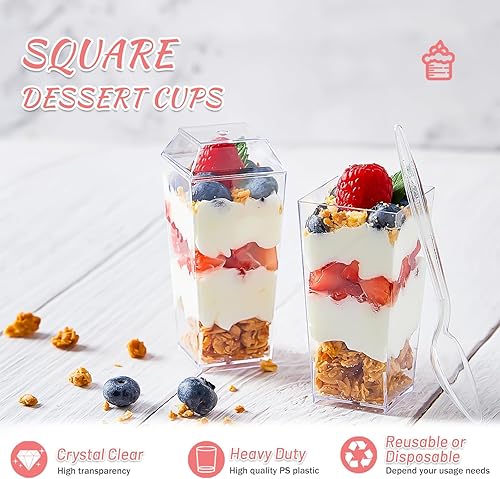 Miniatura 4 de Qeirudu Paquete de 50 mini tazas de postre de 3 onzas con tapas y cucharas, taza pequeña de plástico para parfait taza cuadrada transparente para