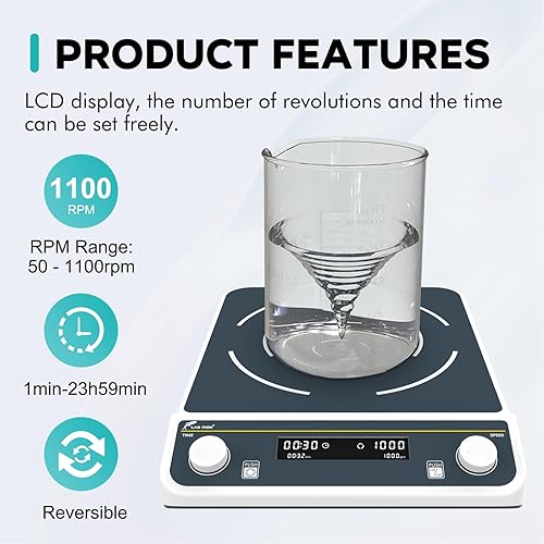 Miniatura 2 de LAB FISH Agitador magnético 50L (1,690.7 fl oz) gran capacidad 1100PRM mezclador magnético placa agitador digital con temporizador para laboratorio