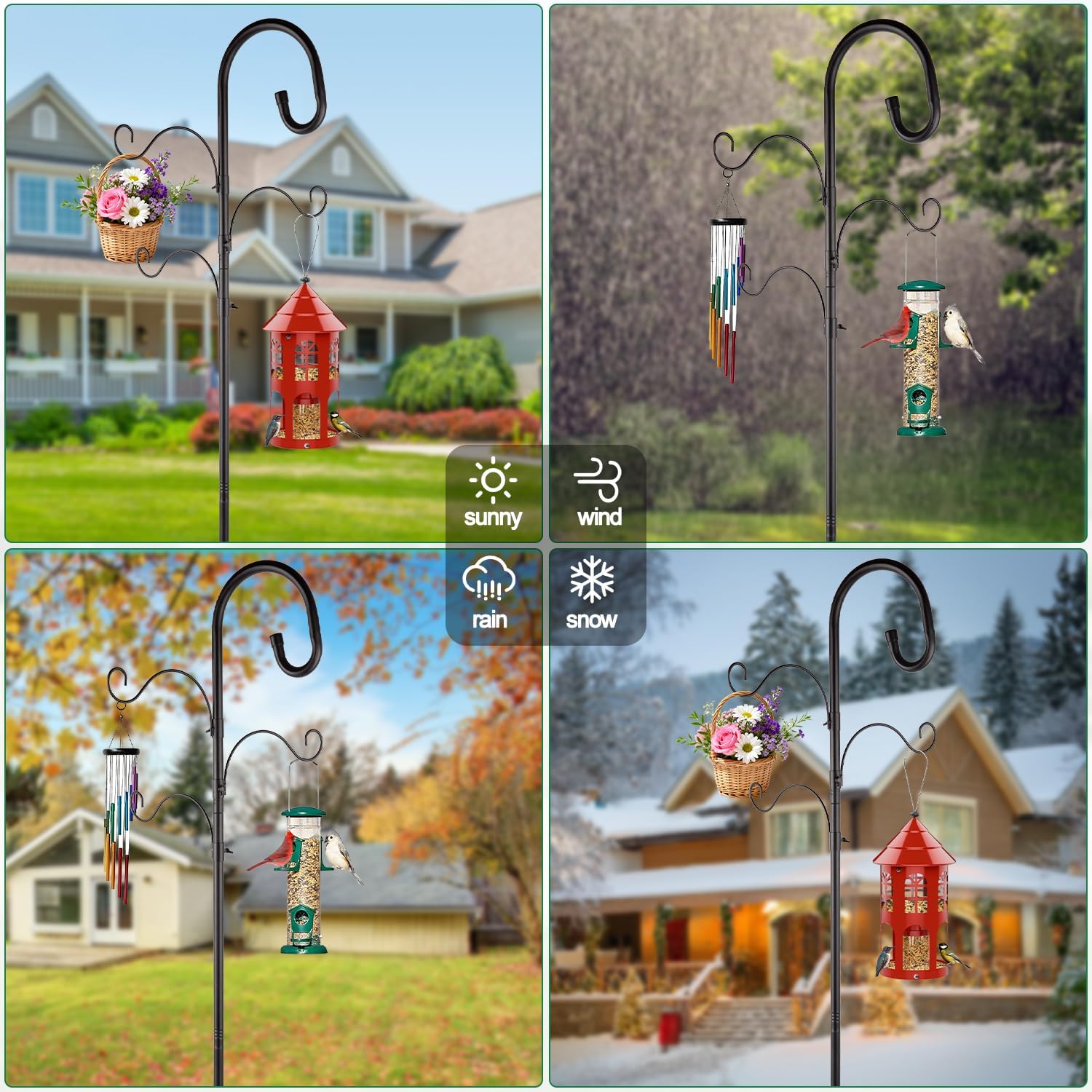 93Inch Shepherds Hooks for Outdoor, Adjustable Double Bird Feeder Pole with 5 Prongs Base, 4 Hook, Heavy Duty Garden Hook for Hanging Plant Basket, Lantern, Solar Light, Bird Feeder&House