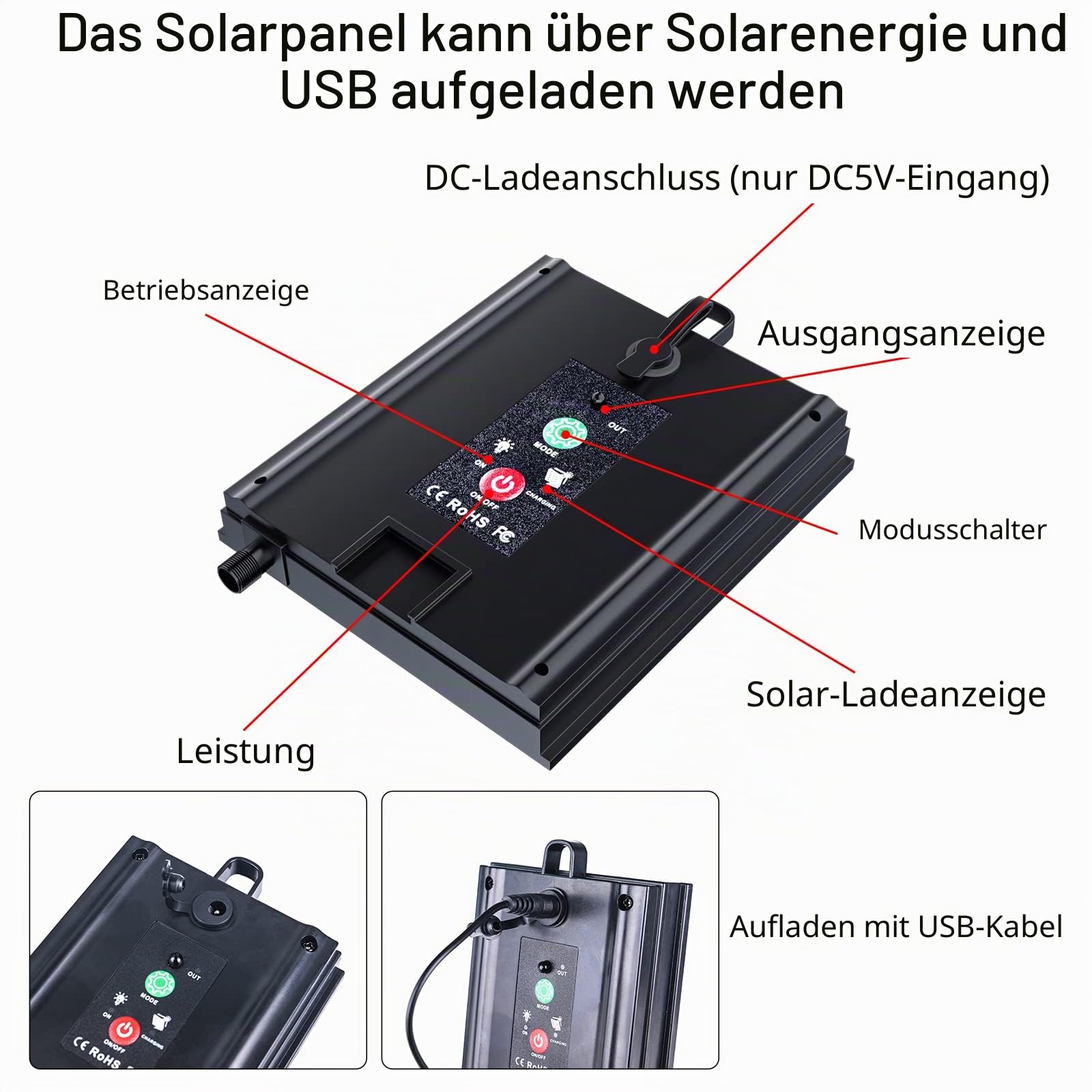 Solar LED Streifen Außen, 10m SMD 5050 LED Leuchten Solarbetriebener RGB Farbwechsel LED Streifen, IP67 Wasserdichte Dekorative Lichterkette für Yard Trees Garden