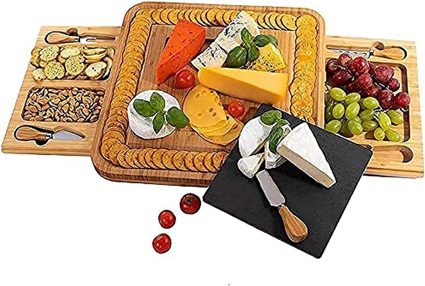 Cheese Charcuterie Board Platter and Knife Set - Premium Bamboo Charcuterie Board Serving Tray and Cutlery with 2 Slide-Out Drawer And Marble Slab - for Housewarming Party Birthday Wedding Gifts