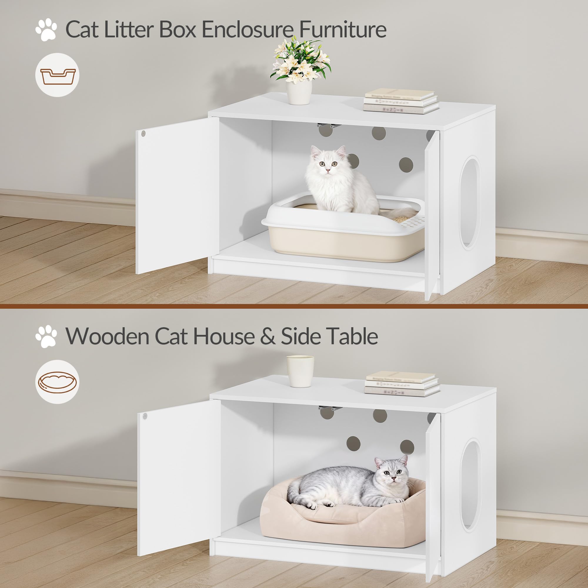 Katzenklo Schrank, Versteckte Katzentoilette Möbel, Katzenschrank mit Drucktüren und Belüftungslöchern, Minimalistisches Katzenhaus, Wohnzimmer, 80 x 50 x 51,5 cm, Weiß FPCB201PW1