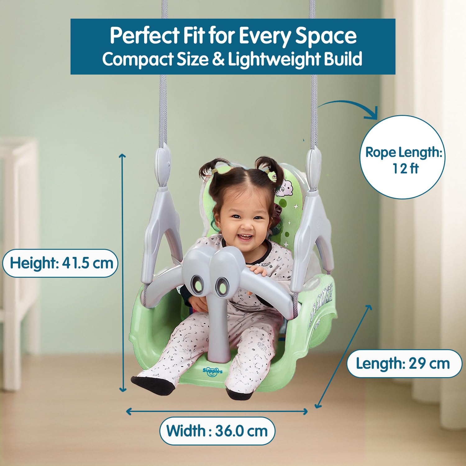 Amazon Brand - Supples Baby Swing for Kids | Non-Toxic Plastic | Indoor & Outdoor Use | Adjustable Design with Safety Belt | Age 6 Months to 4 Years | Green & Grey - Image 8 thumbnail