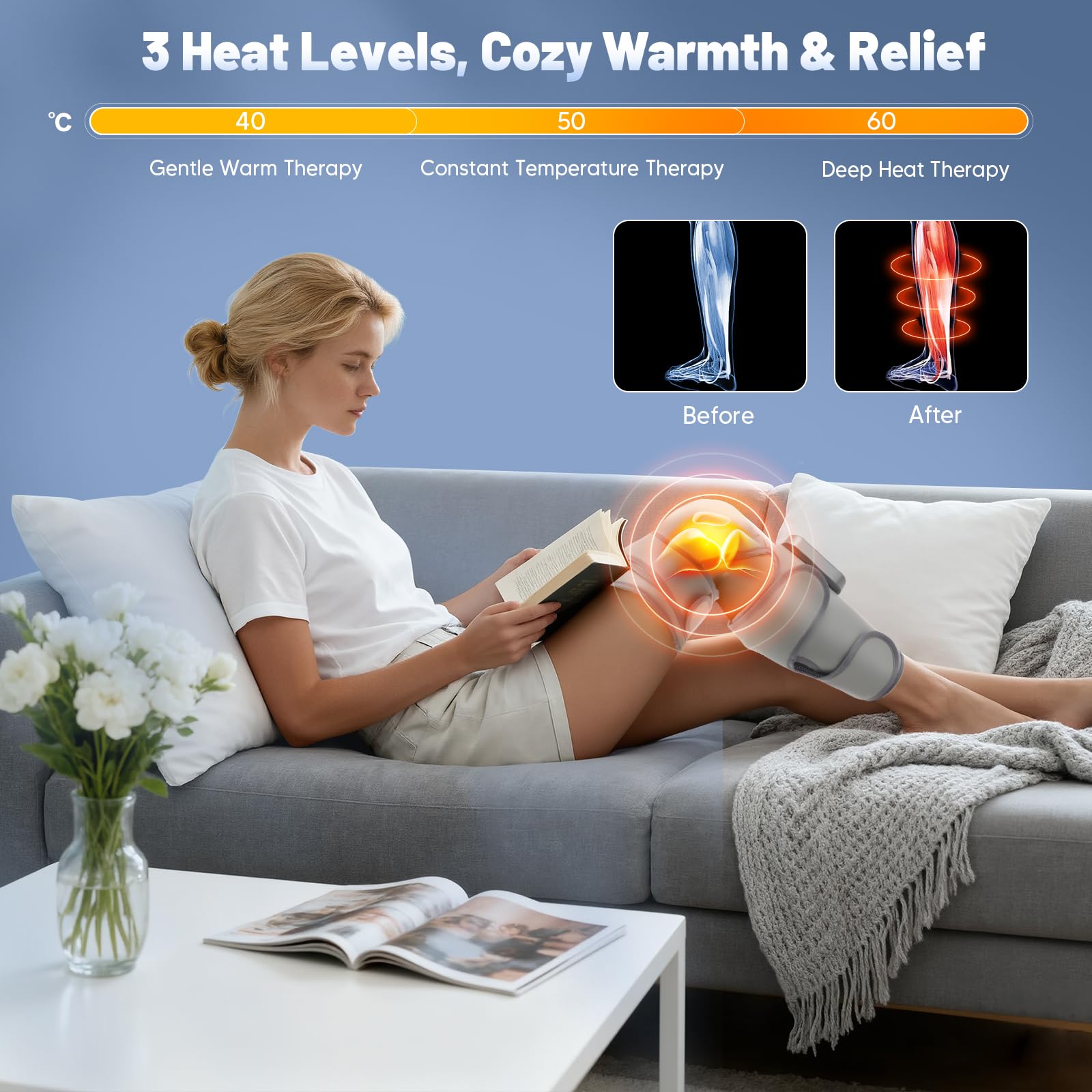 Massaggiatore 2 in 1, protezione completa per ginocchia e polpaccio, dispositivo di drenaggio linfatico, 3 modalità e 3 livelli di calore, cinghie regolabili a 360°, massaggiatore per gambe