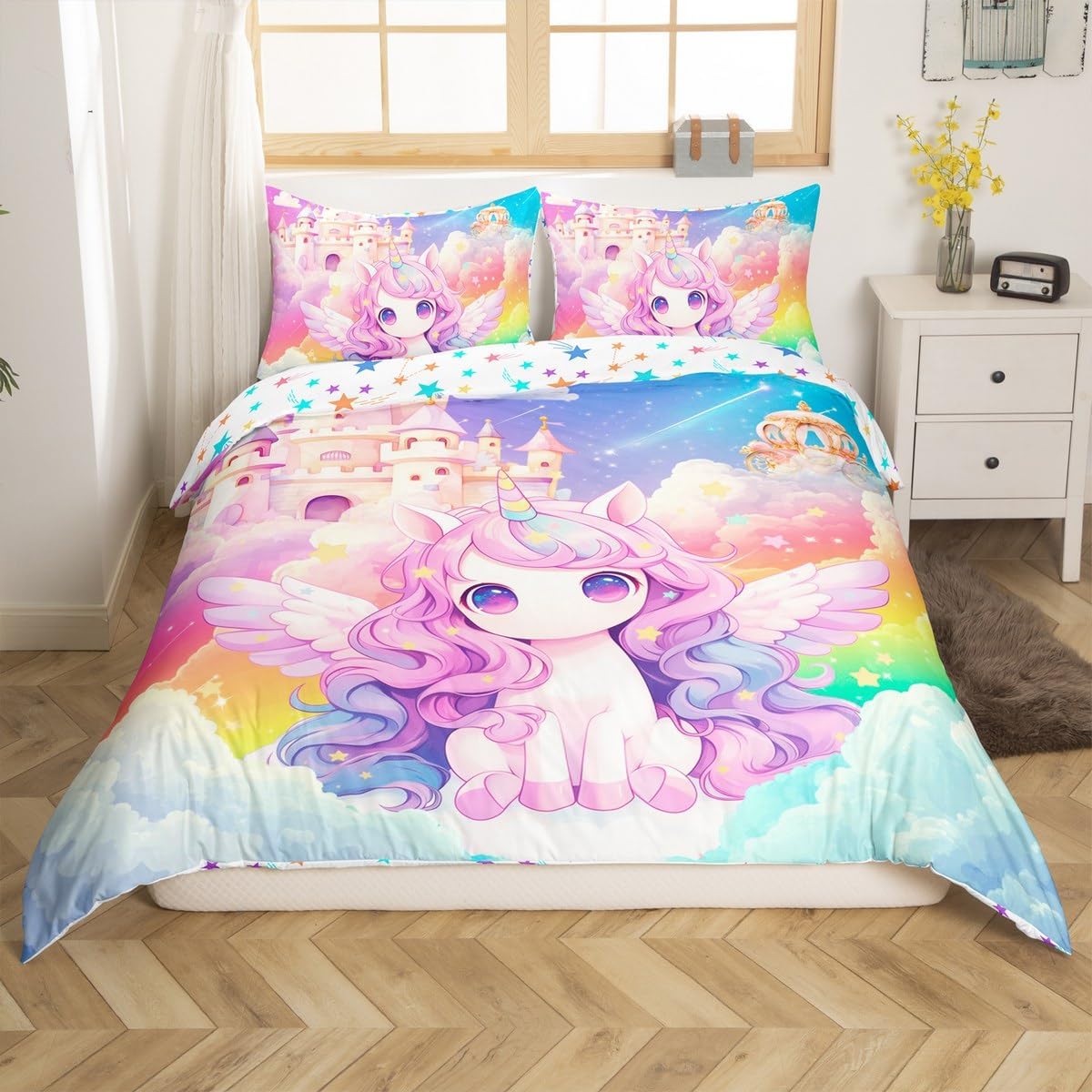 jejeloiu Kids Castle Dreamy Duvet Cover Toddler Size, Princess Comforter Cover Cute Unicorn Bedding Set Boys Girls Galaxy Rainbow Teens Bedspread Cover Bedclothes Zipper (No Comforter)