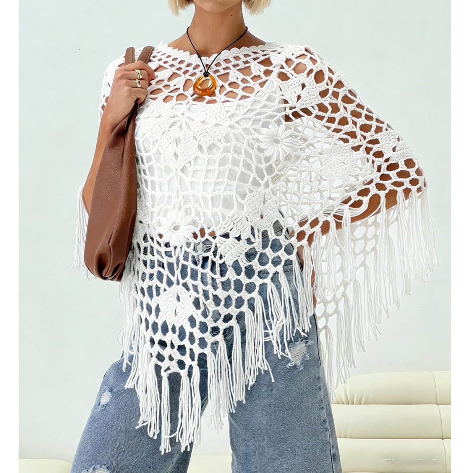 Genérico Poncho Y Capa De Punto Y Ganchillo Para Mujer Diseño Floral Con Flecos, Estilo Boho Y Casual Cubrebaños Chal Envolvente