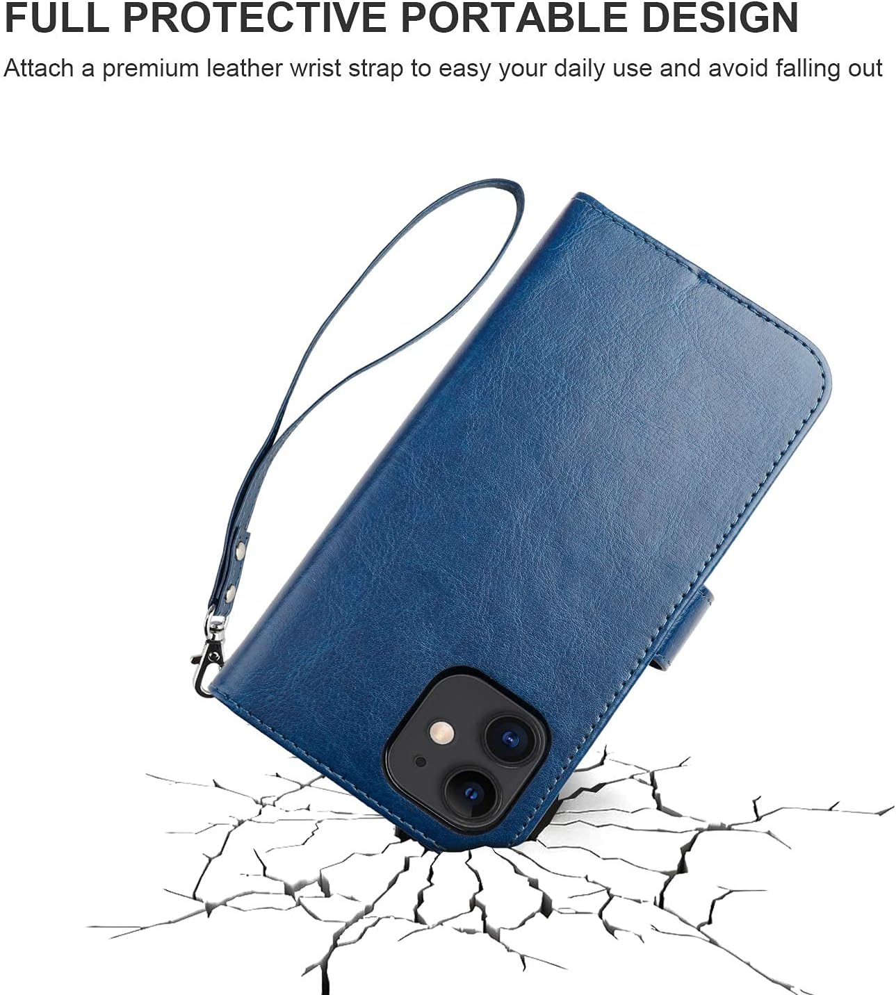 Bocasal Compatible with iPhone 12 Mini Wallet Case with Card Holder PU Leather Magnetic Detachable Kickstand Shockproof Wrist Strap Removable Flip Cover (Blue)