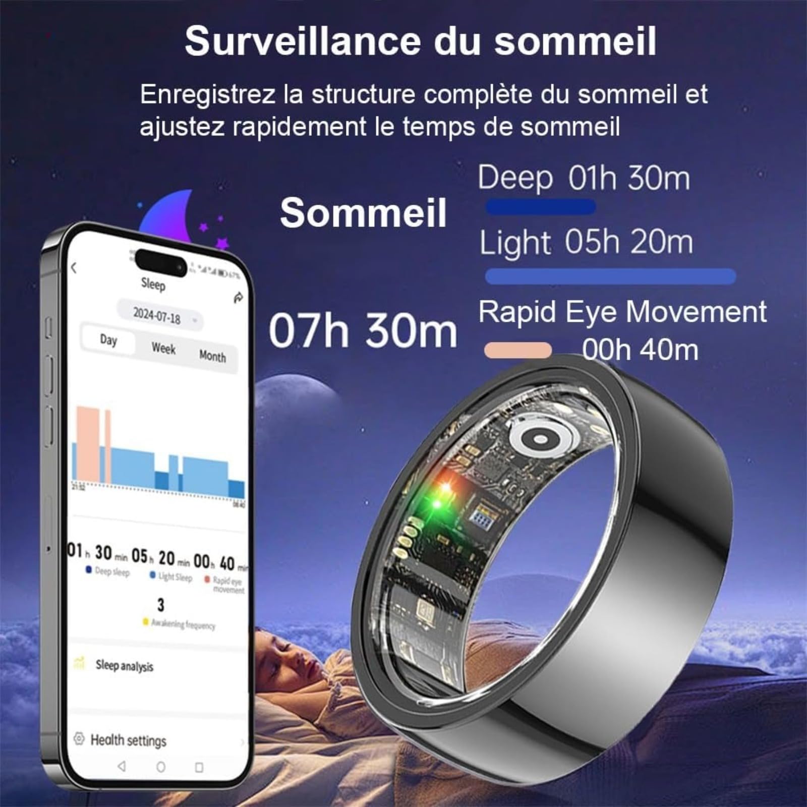 Bague Connectée Homme Femme, Smart Ring Health Fitness avec écran LED, Anneau Intelligent IP68 Compatible avec iOS/Android,Tracker d'activité/fréquence cardiaque/SpO2/Sommeil (Doré, 12