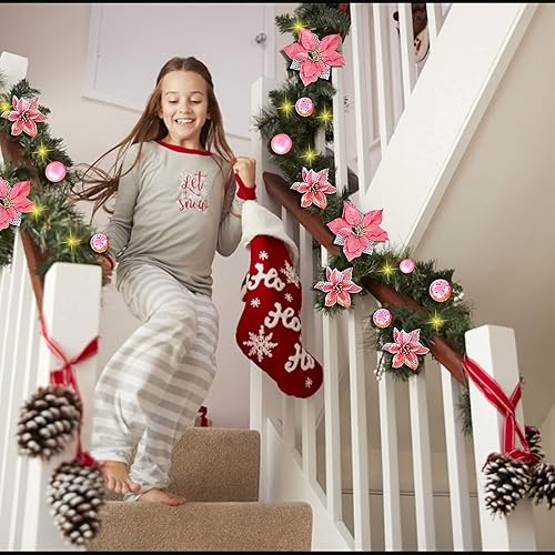 Vista 10 de Guirnalda de Navidad iluminada – 8.8 pies, de ratán, de Navidad, flores artificiales y vid artificiales de Navidad, con luces, funciona