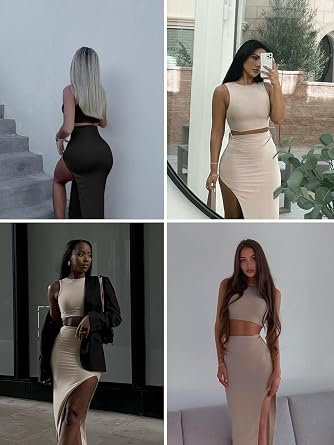 ELLEVEN Sexy 2 Piece Maxi Skirt Sets for Women, Going Out Outfits