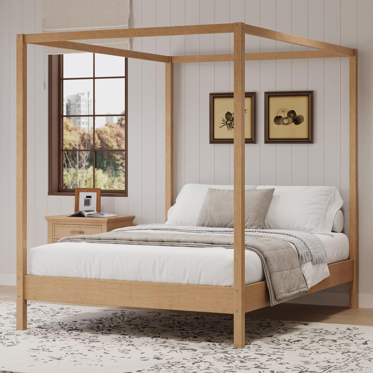 JIJIWANG King Size Canopy Bed Frame Four Poster Platform Bed with Solid Wood Slats Support, No Box Spring Needed, Natural