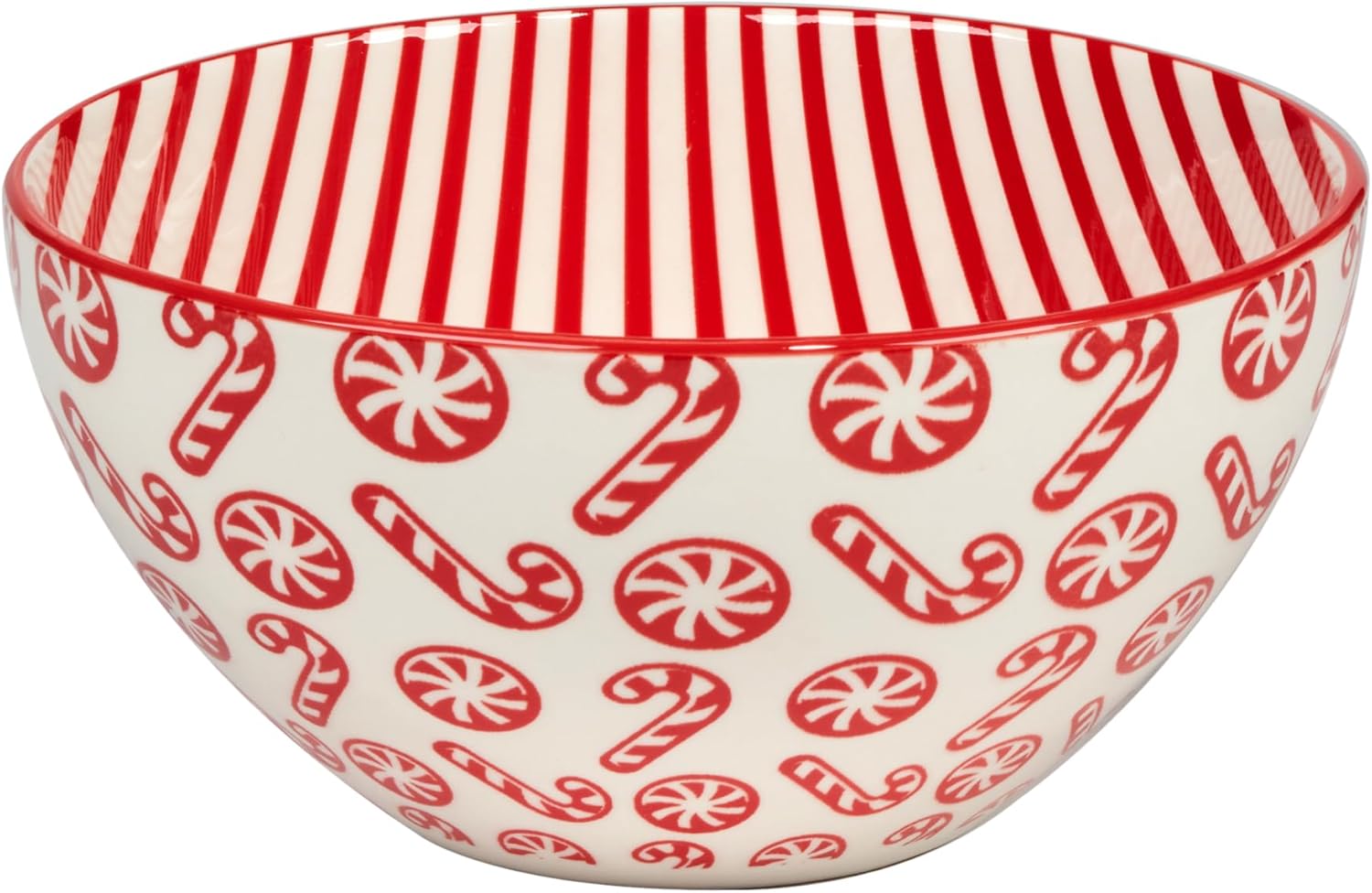 Peppermint Candy 30oz Porcelain Bowls, Set of 6 – Festive Red & White Christmas All Purpose Salad, Soup & Snack Bowls with Cheerful Holiday Prints