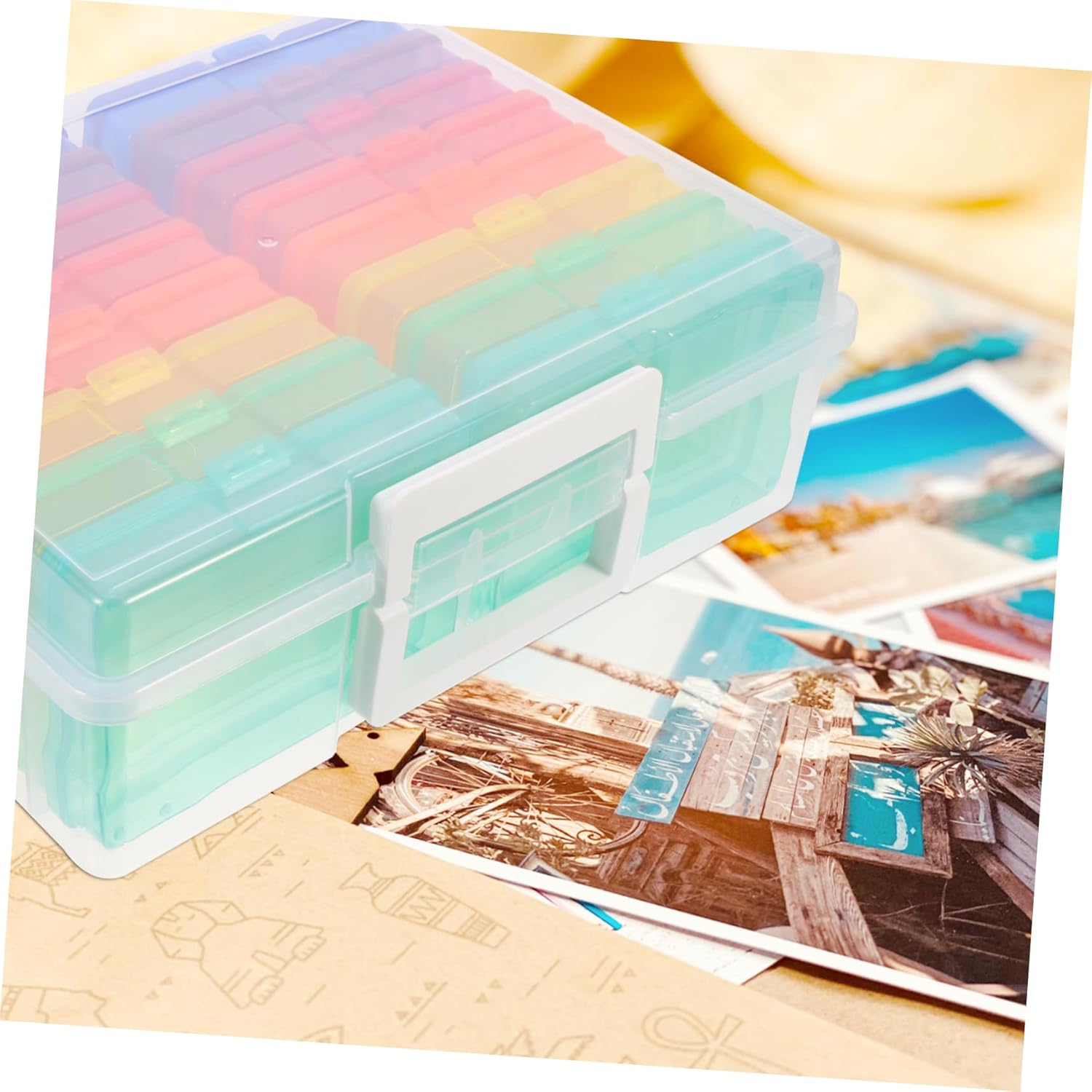 16-Compartment 4x6 Photo Storage Box Multi-functional Organizer Handle for Photos Greeting Cards and Jewelry Colorful Plastic Case for Convenient Transport and Organization