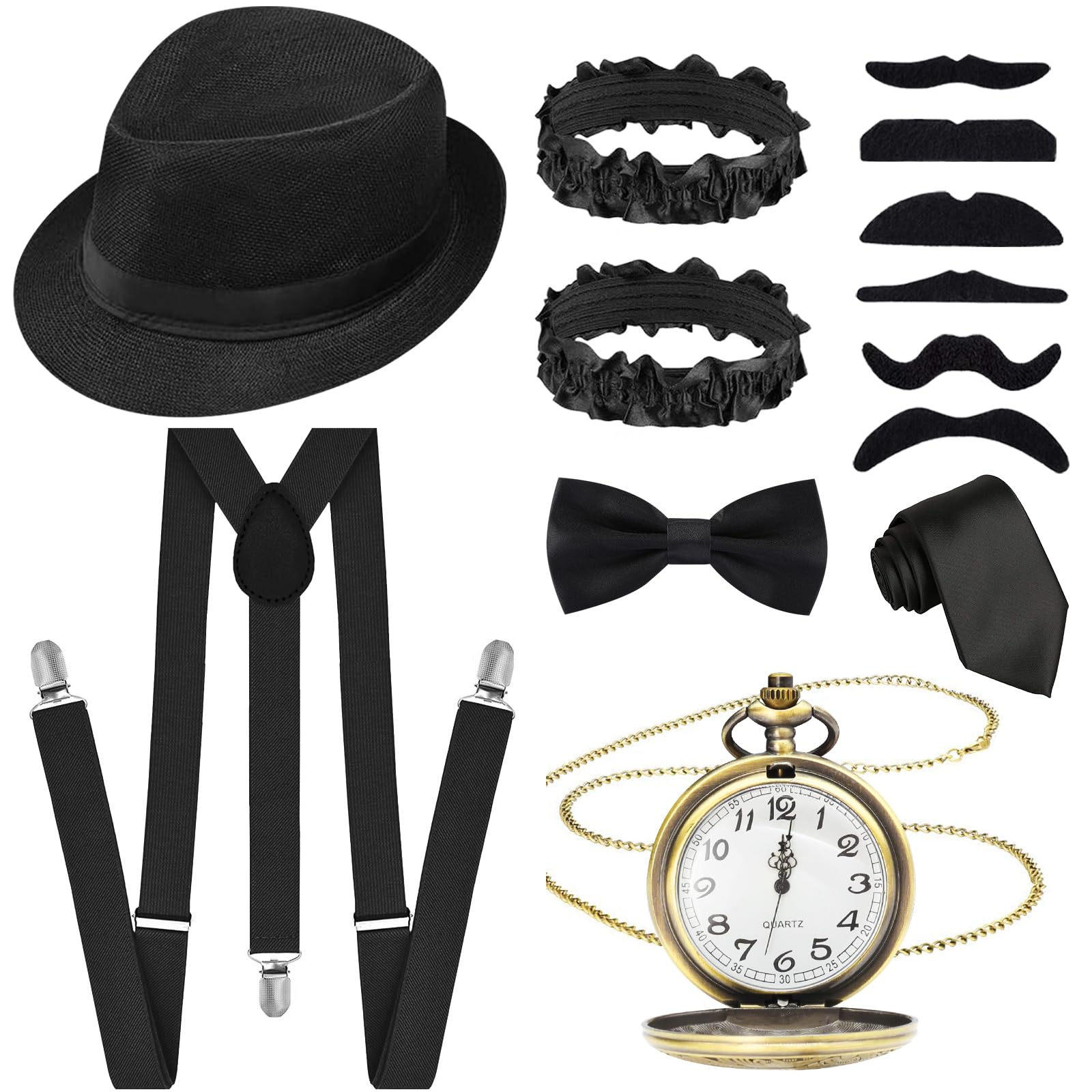 Glirop 13Pcs 1920s Gatsby Costume Set for Men Gentleman Roaring 20s Accessories Kit with Hat Suspenders Pocket Watch Bow Tie Beards Cuffs Tie for Adult Halloween Theme Parties Fancy Dress (Black)