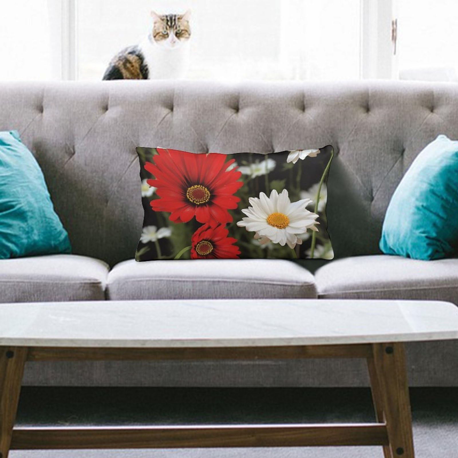 NTVOWPZO Decoration Throw Pillow Covers 8"x12" Pillowcases Covers Red Flower and White Daisy Soft Pillowcases Modern Farmhouse Home Decor Sofa Cushions Covers for Couch Bed Living Room
