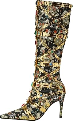 YIYA Womens Gold Jeweled Embellished Boots Floral Print Crystal Gem Knee High Boots Sexy Pointed Toe Stiletto High Heels Side Zipper Long Booties