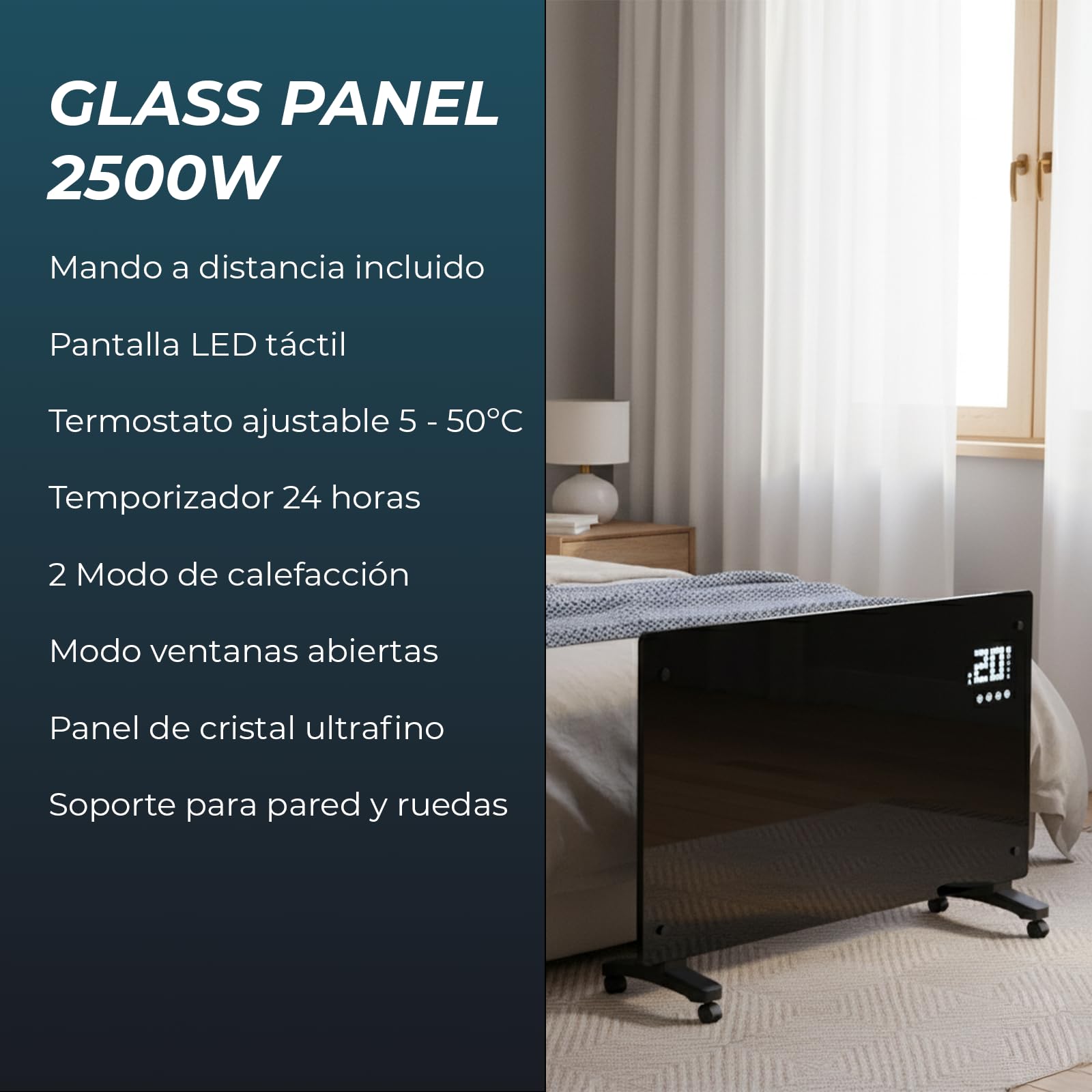 YOEVU Emisor Térmico de Cristal 2500W con Pantalla LCD Táctil, Control Remoto, Ruedas y Soporte de Pared, Calefacción Eficiente y Versátil para el Hogar, Negro