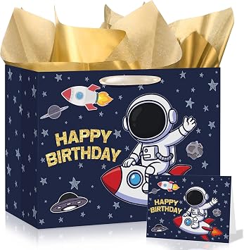 Outer Space Happy Birthday Gift Bags with Tissue Wrapping Paper and Greeting Card Astronauts Galaxy Star Rocket Planet Design Paty Favor Bags for Men Boys Kids Baby Shower Anniversary Party Supplies
