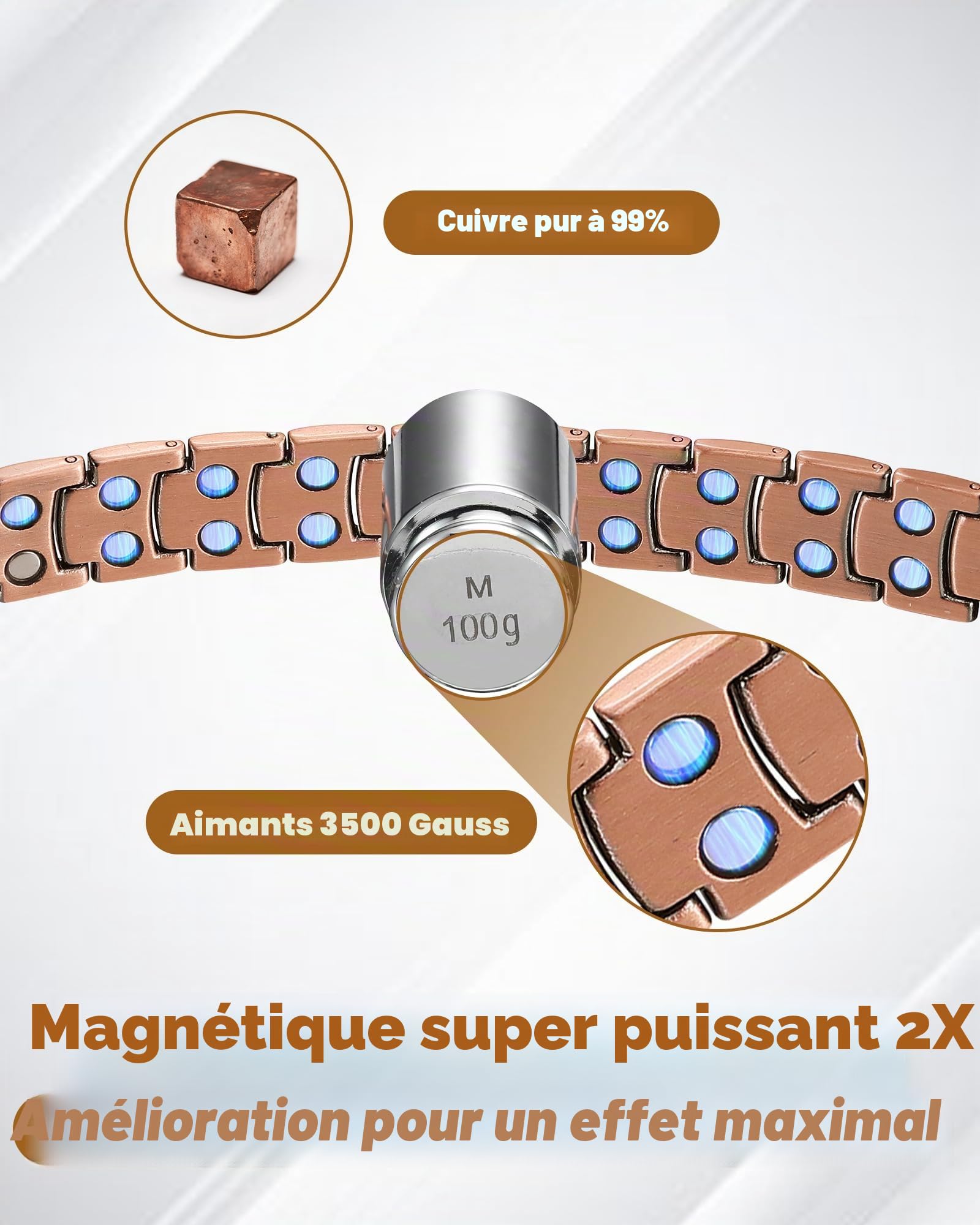 Jeracol Bracelet en cuivre croisé pour hommes, bracelet de thérapie magnétique avec aimants puissants 3800 gauss - 99,99% de cuivre pur et boîte cadeau, 22 cm