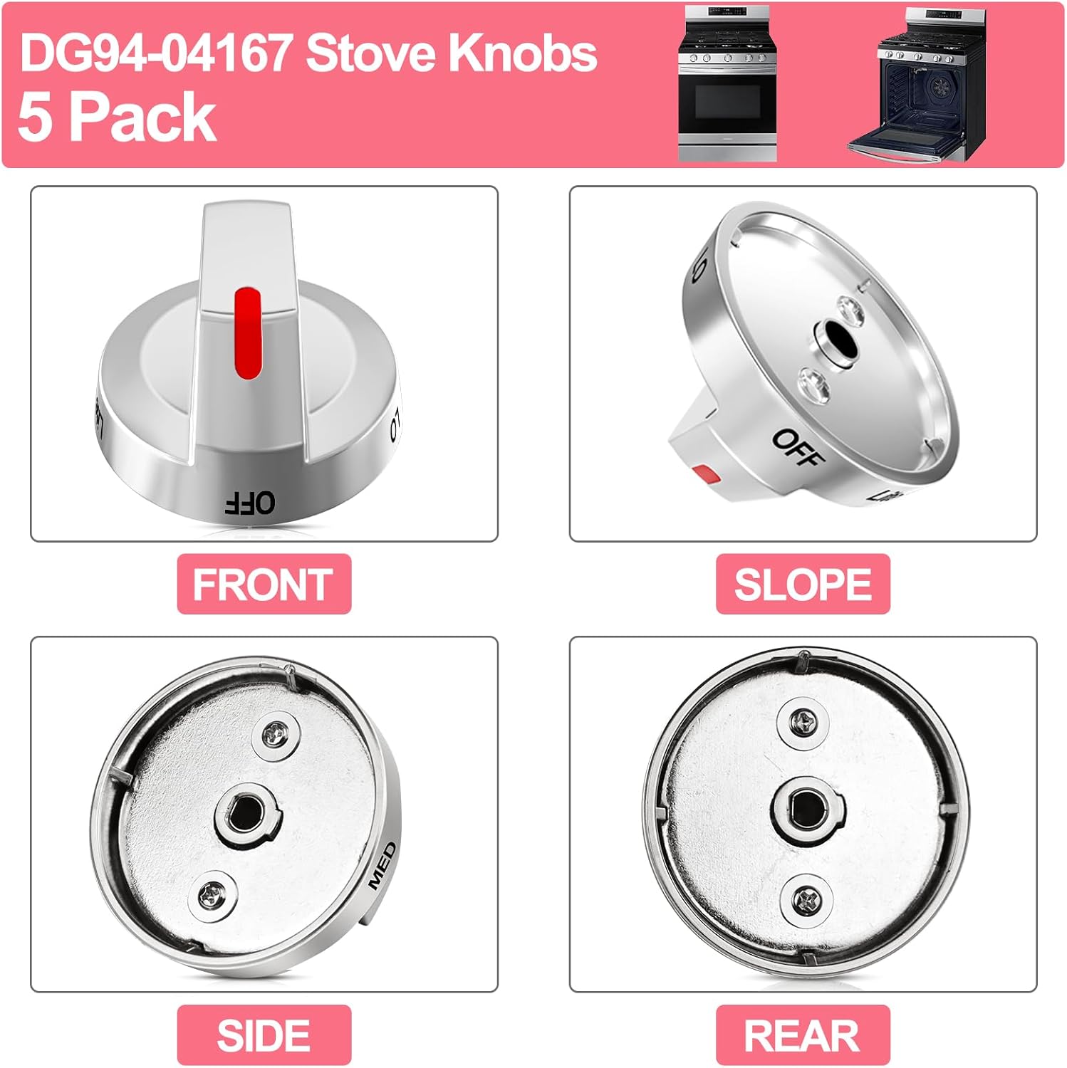 LXun Upgraded DG94-04167 Gas Stove Knobs for Samsung Oven and Range Stainless Steel Stove Knob Replacement for DG94-03950 NX60A6511SS/AA-01, NX60A6111SS, NX60A6511SG/AA, NX60A6311SG/AA-00 (5PCS)