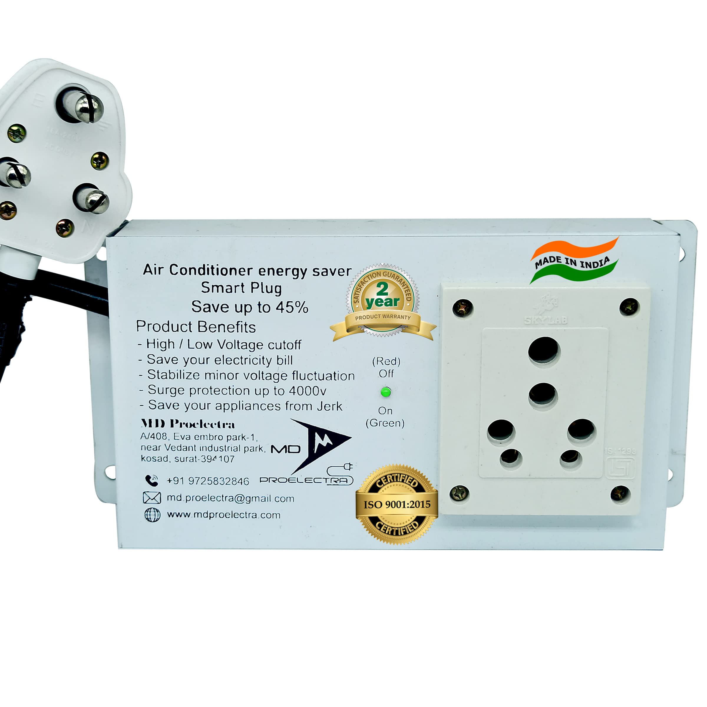 MD Proelectra High Low Voltage Cut Off/ON Air Conditioner Energy Saver and Smart Plug (MDSP08ACS) Protector Rated at 16A with Inbuilt Power Saving Device and Voltage Stabilizer (Off White)