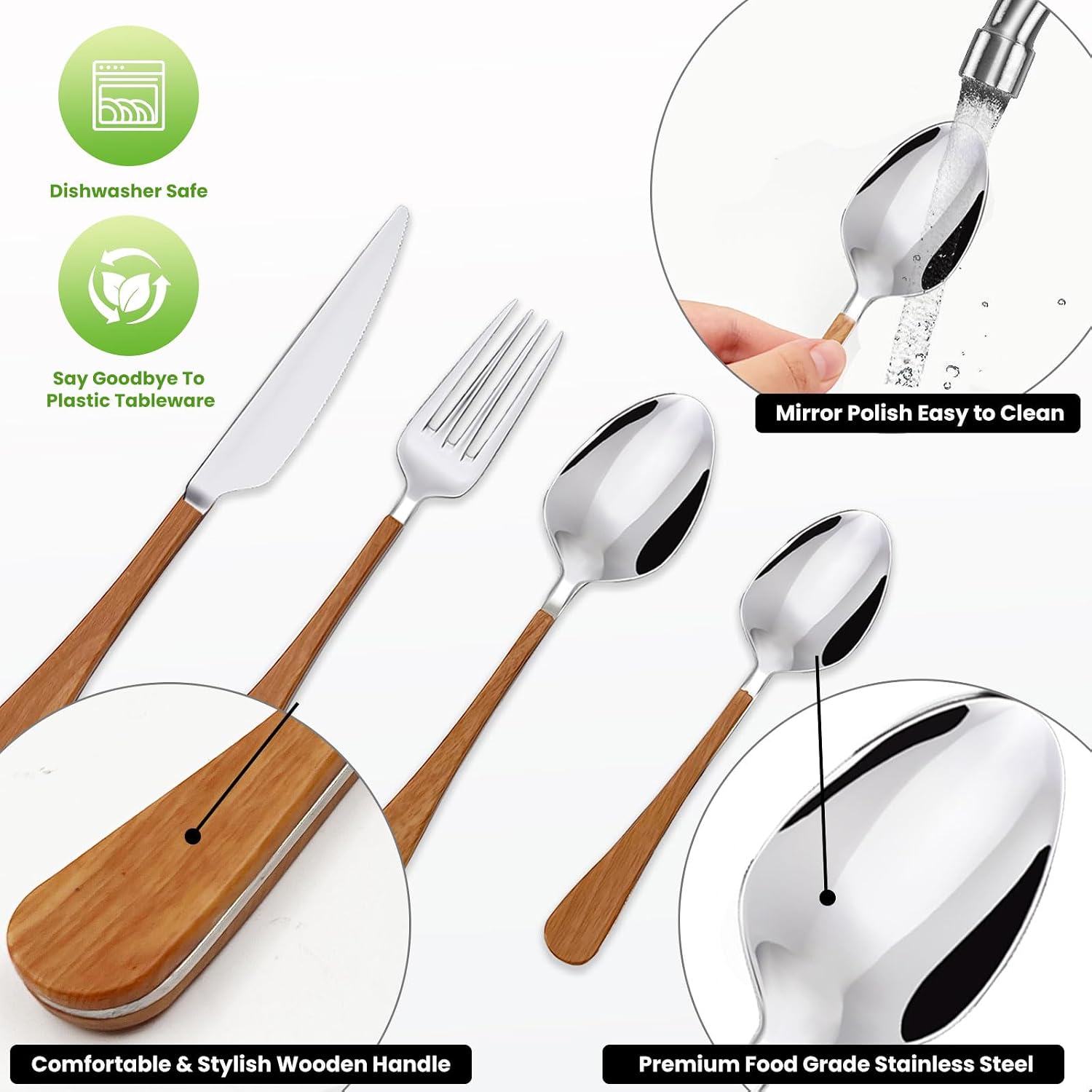 Daily Treasures 6Pcs Stainless Steel Portable Cutlery Set,Wooden Handle Camping Utensils with Storage Bag,Reusable Knife Fork Spoon Set Travel&Filter Spoon Straw,Portable Utensil for Ofiice Home