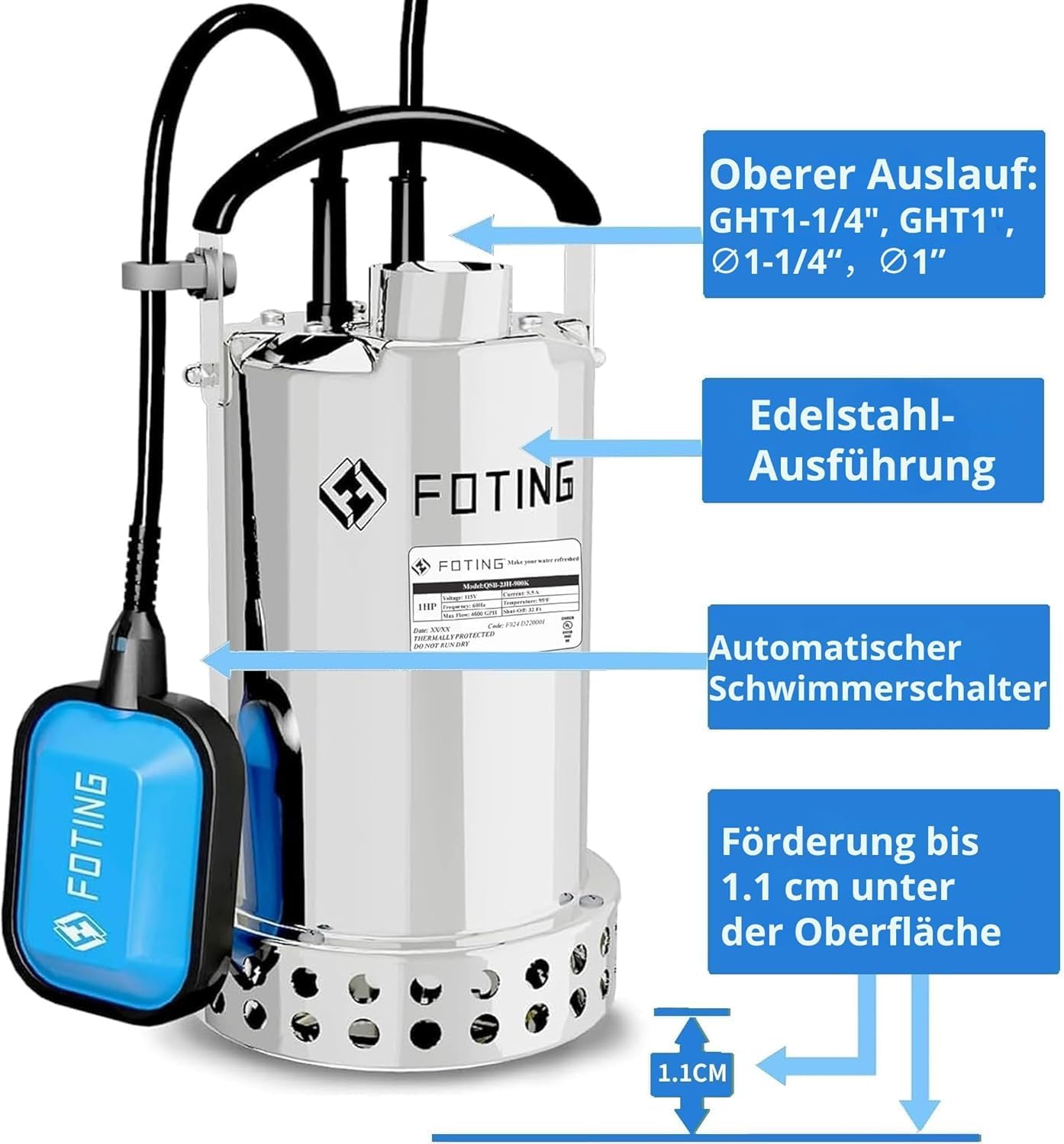 FOTING Pompa sommersa in acciaio inox, 900 W, 13.000 l/h, portata fino a 9 m, profondità di immersione fino a 7 m, con interruttore a galleggiante, per piscina, cantina e drenaggio