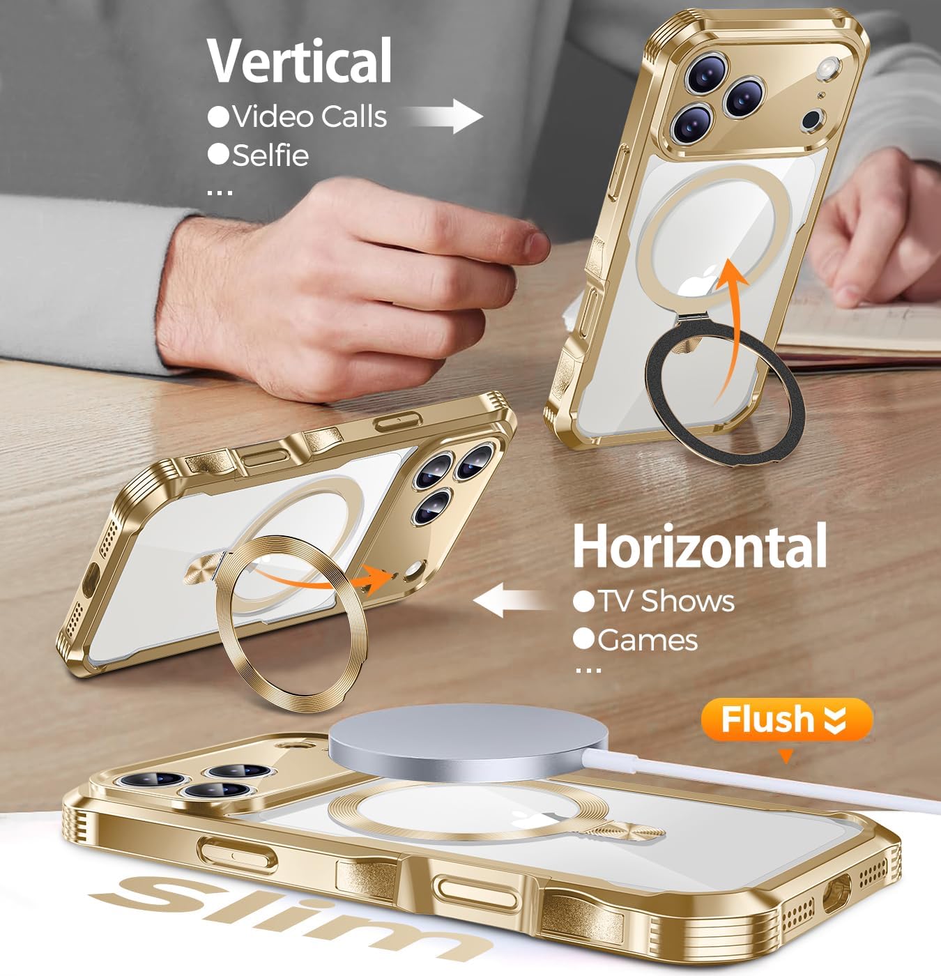 Reukdnv [Built-in Privacy Screen Protector & Invisible Ring Stand] Privacy Case for iPhone 17 Pro 6.3'' [Soft Bumper Full Signal] [Compatible with MagSafe] Full-Body Shockproof Clear Case, Gold