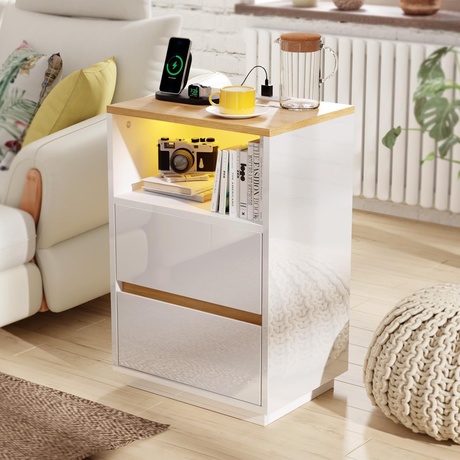 VINGLI White Nightstand with Charging Station, High Gloss Led Night Stand with Drawers, End Table, Bedside Table, Smart Nightstand Modern, Small Night Stand for Bedroom, 15.63" W*11.61" D*23.62" H