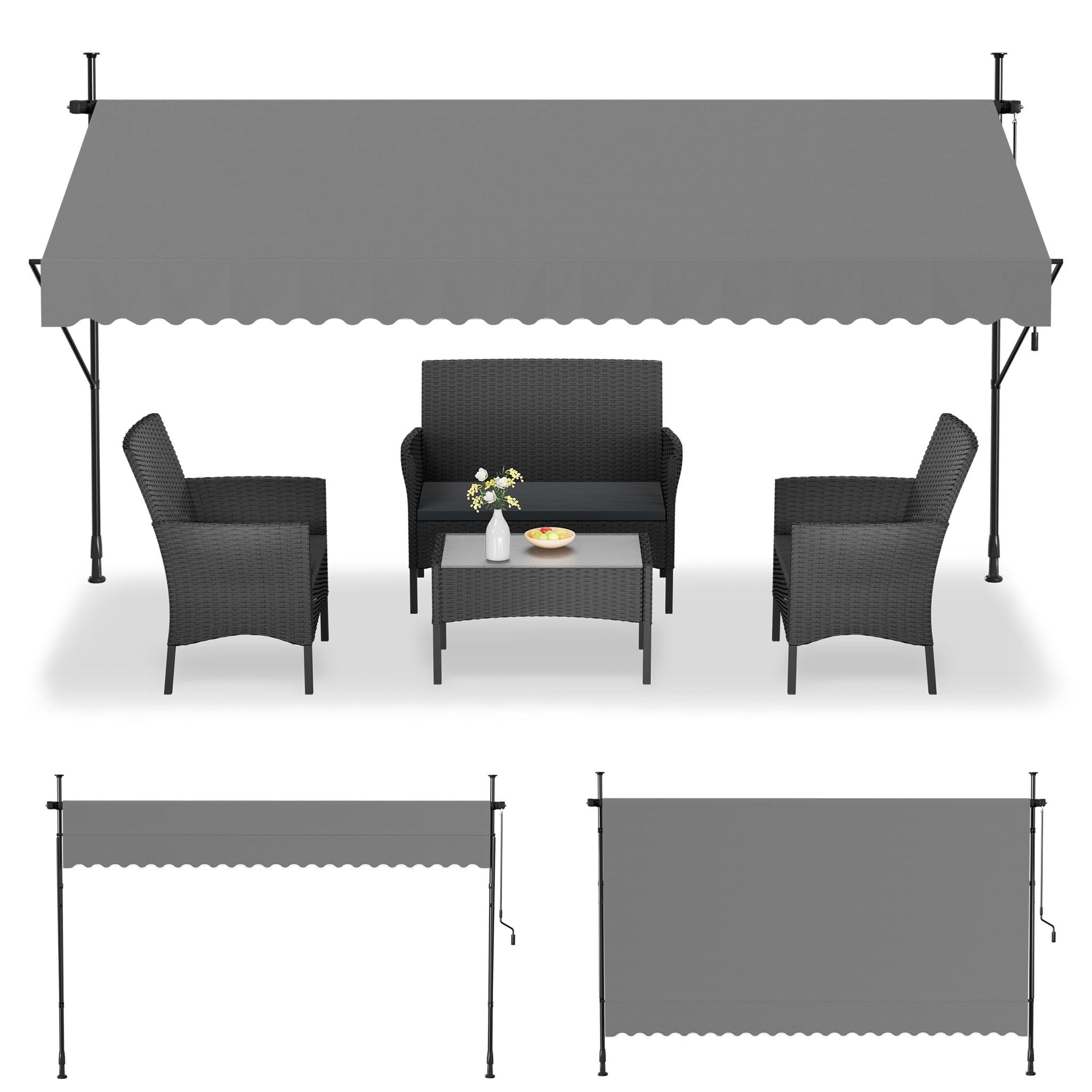 UISEBRT Klemmmarkise 350cm breit - Balkonmarkise mit kurbel ohne Bohren Verstellbar, UV-Schutz, Sonnenschutz, Wetterfest, Hellgrau (3,50 x 1,20 m,Hellgrau)
