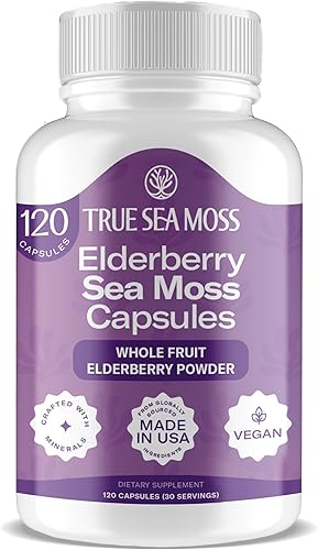 TrueSeaMoss Cápsulas de musgo marino irlandés, 120 cápsulas de saúco (1600 mg) - Extractos de frutas superalimento - para el bienestar general