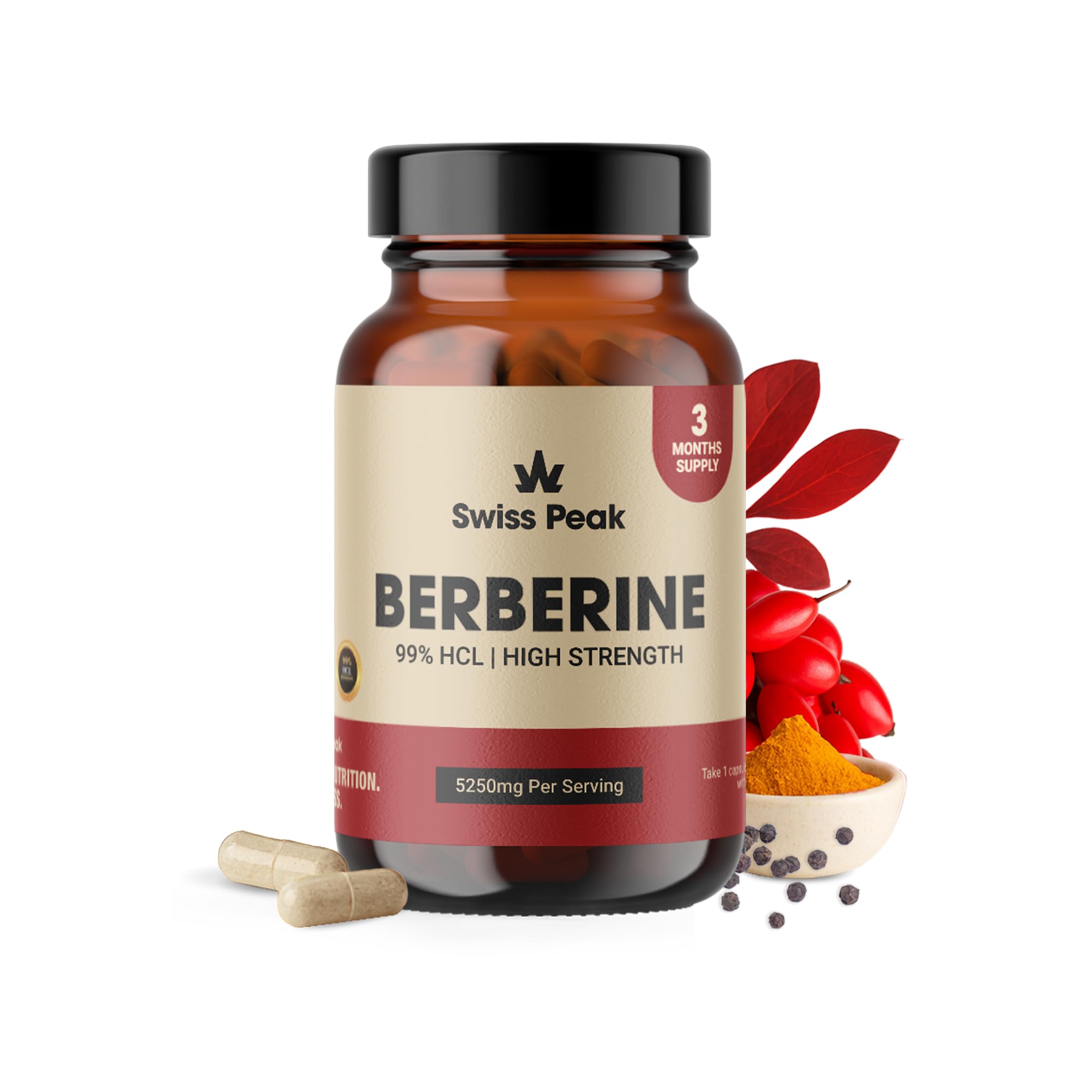 Swiss Peak Berberine 5250mg Per Serving, High Strength 99% HCL, Enhanced with Ceylon Cinnamon & Black Pepper Extract, 90 Vegan Capsules, 3 Month Supply, UK Made, Non-GMO, Gluten Free