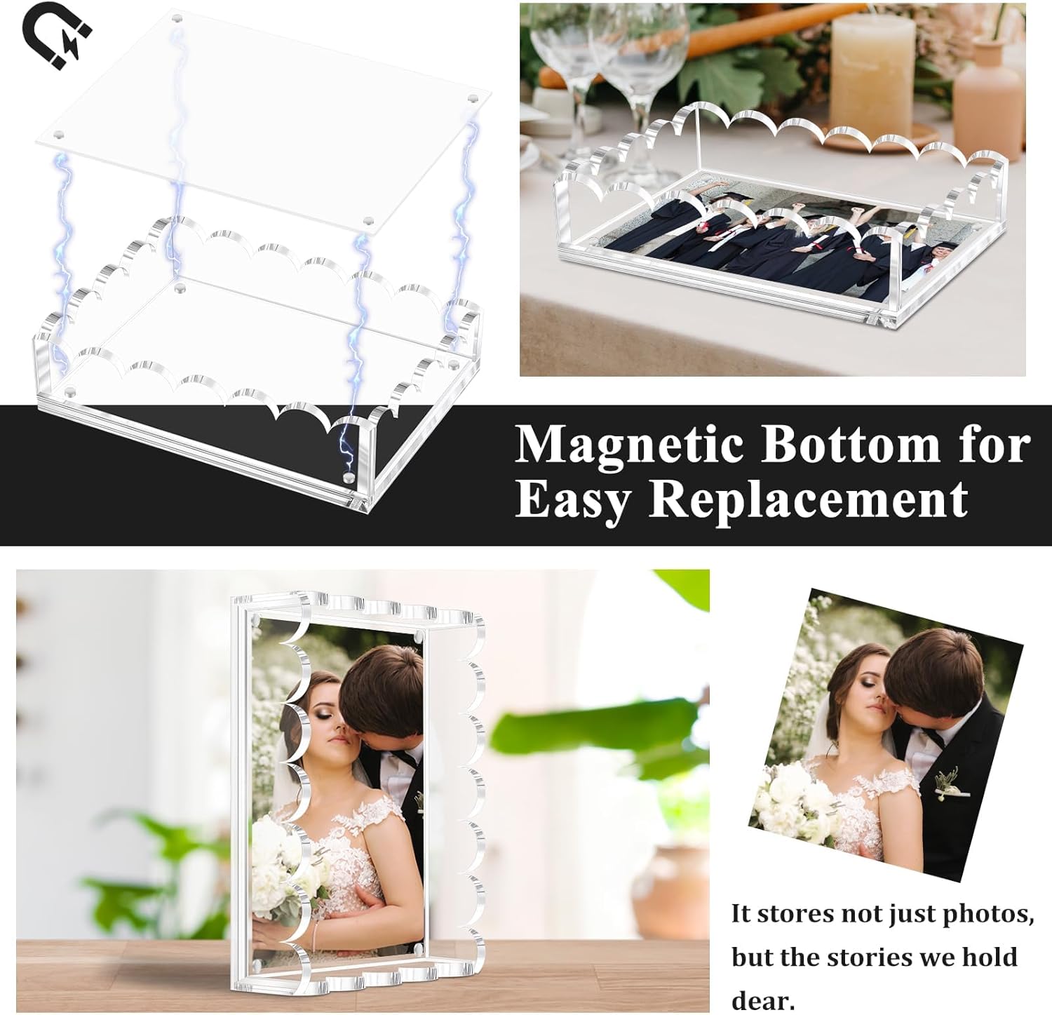 Acrylic Scalloped Tray with a Magnetic Mat for Photos Art Messages Serving Tray Organiser Includes Anti-Slip Pads for Coffee Table (8 * 10 Inch)