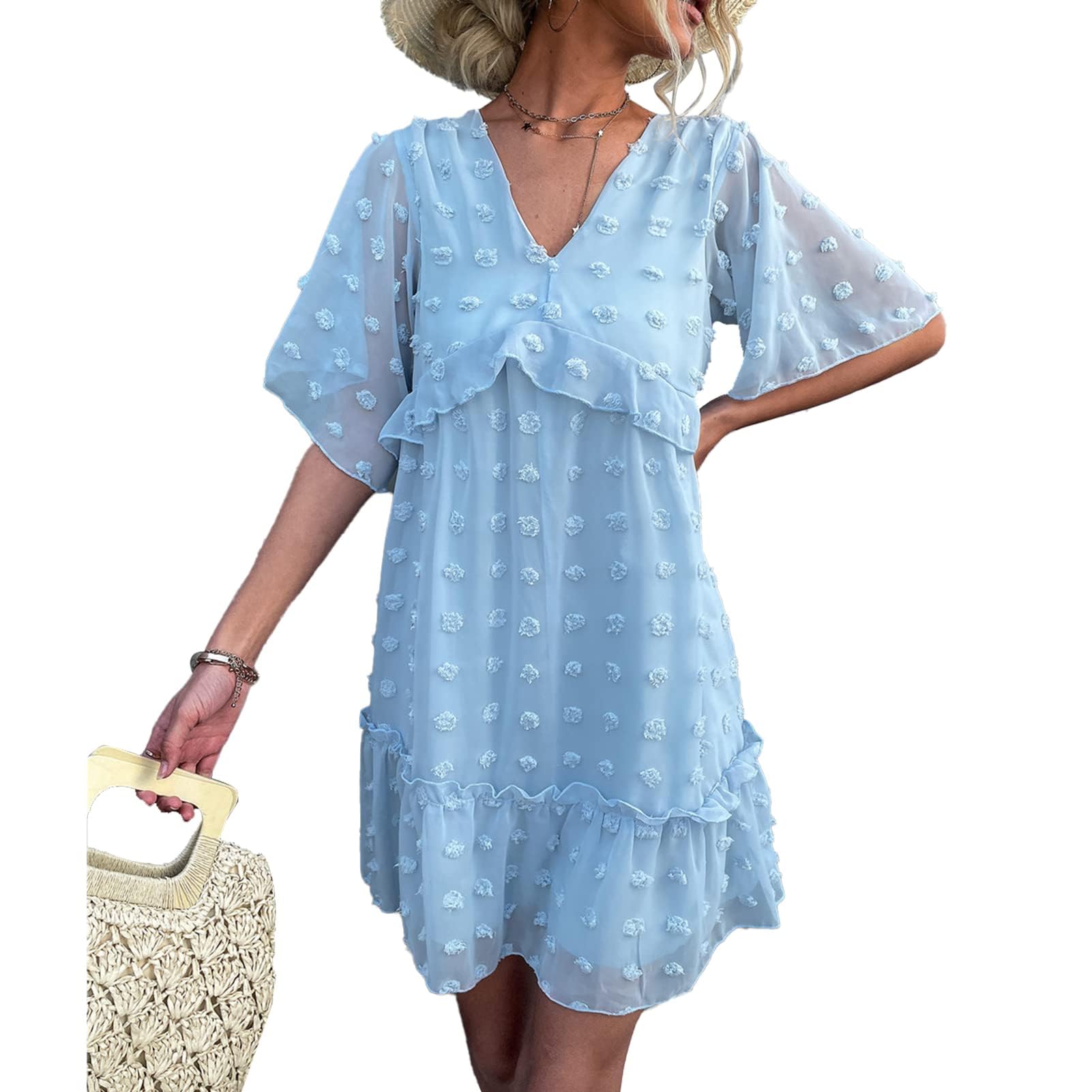 Abito da Donna Allentato con Scollo a V, Elegante Abito a Maniche Corte con Cuciture in Pizzo a Strati Abito Allentato in Stile Casual per Abbigliamento Estivo, Abito Estivo a Pois con(M-Azzurro)