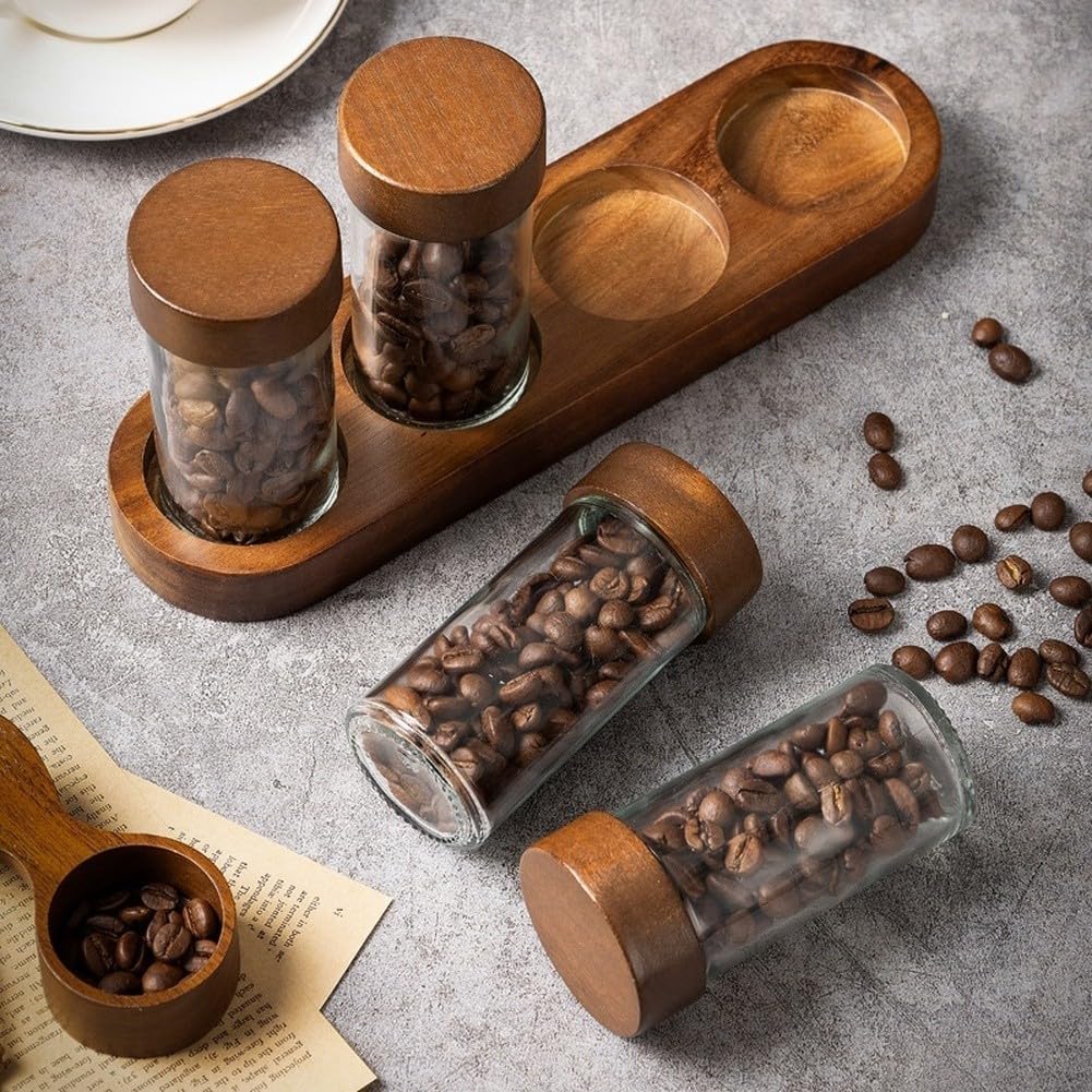 Barattolo ermetico per chicchi di caffè con valvola Degas unidirezionale, coperchio in legno di acacia e corpo in vetro trasparente per un facile monitoraggio (C)