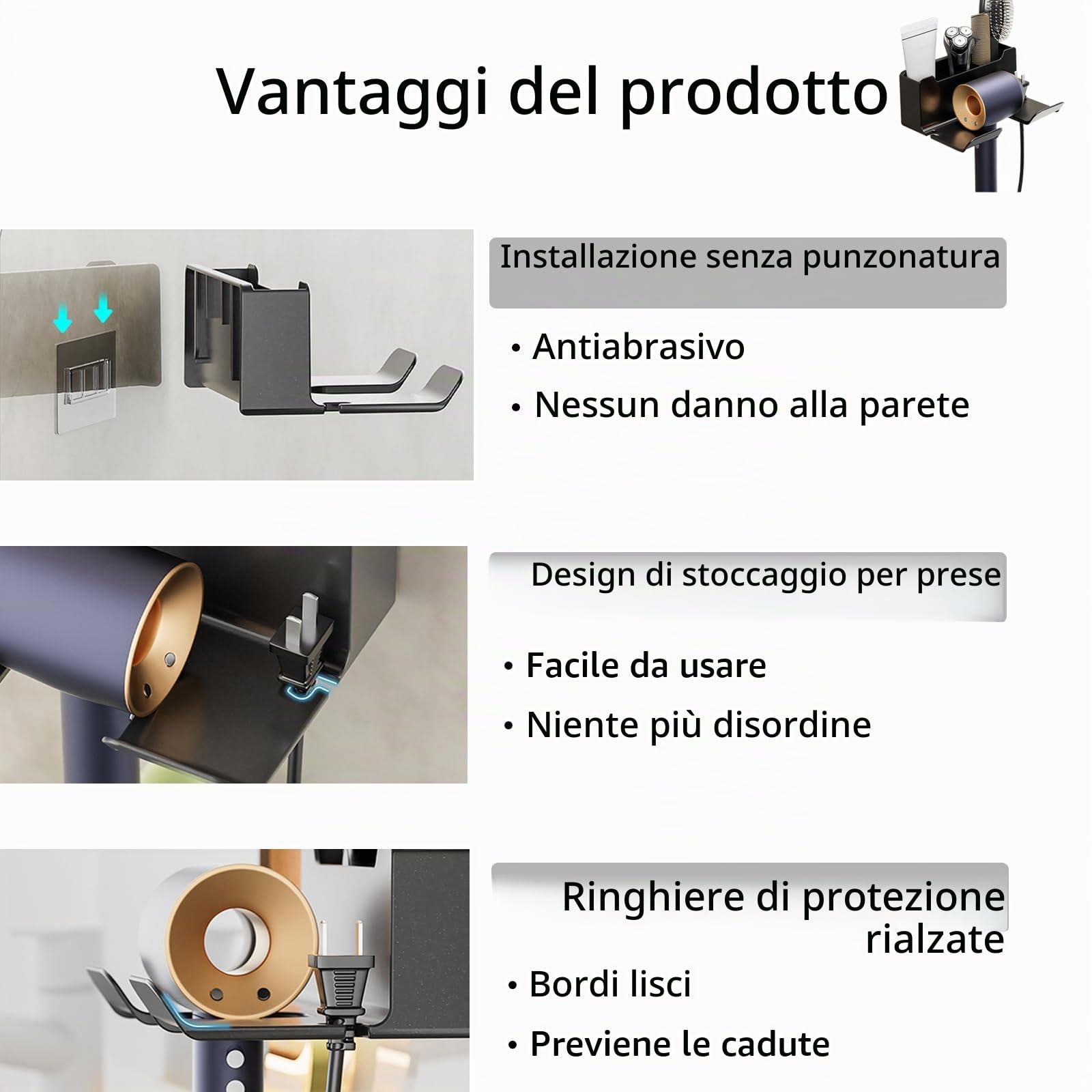 Supporto per Asciugacapelli Senza Forare Porta Asciugacapelli da Parete | Supporto Organizzatore per Asciugacapelli Senza Foratura, Autoadesivo Adatto per Hotel, Bagni, Barbieri (Nero)