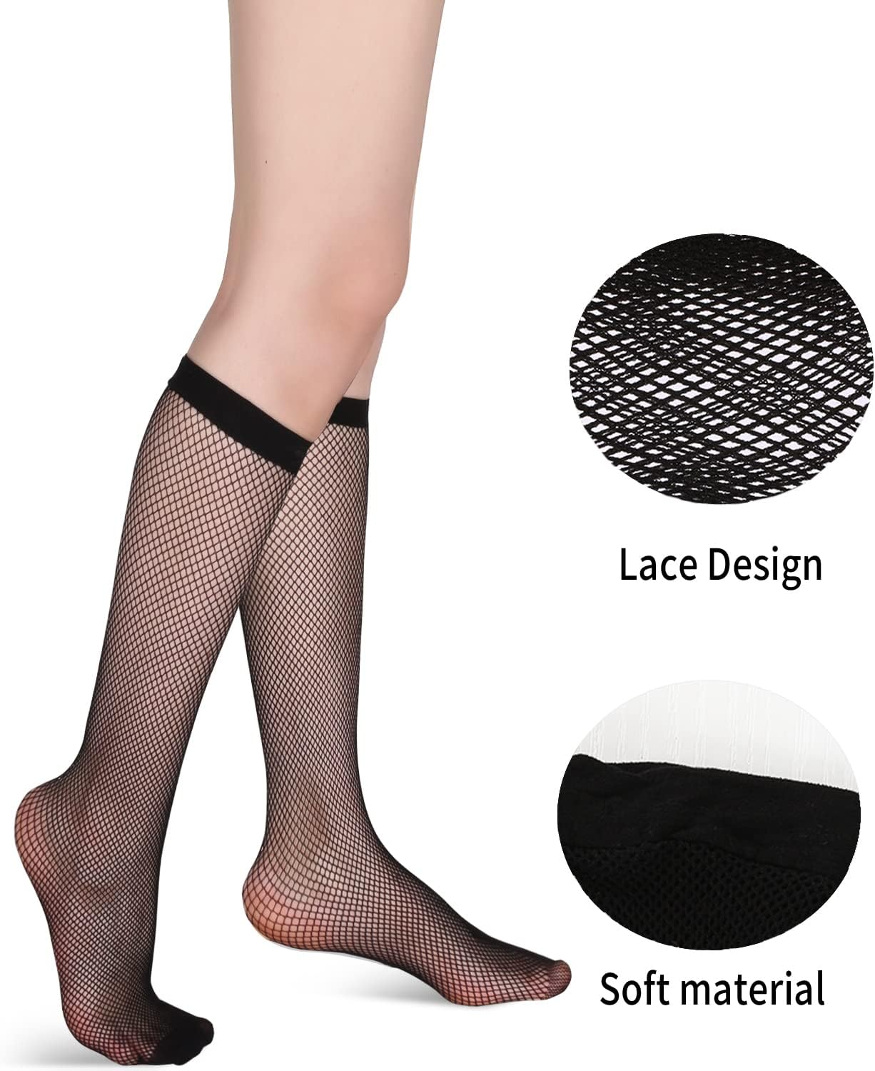 Benefeet Sox Womens Fishnet Knee High Socks White Black Lace Mesh Sexy Stockings Hollow Out Sheer Tube Calf Sock