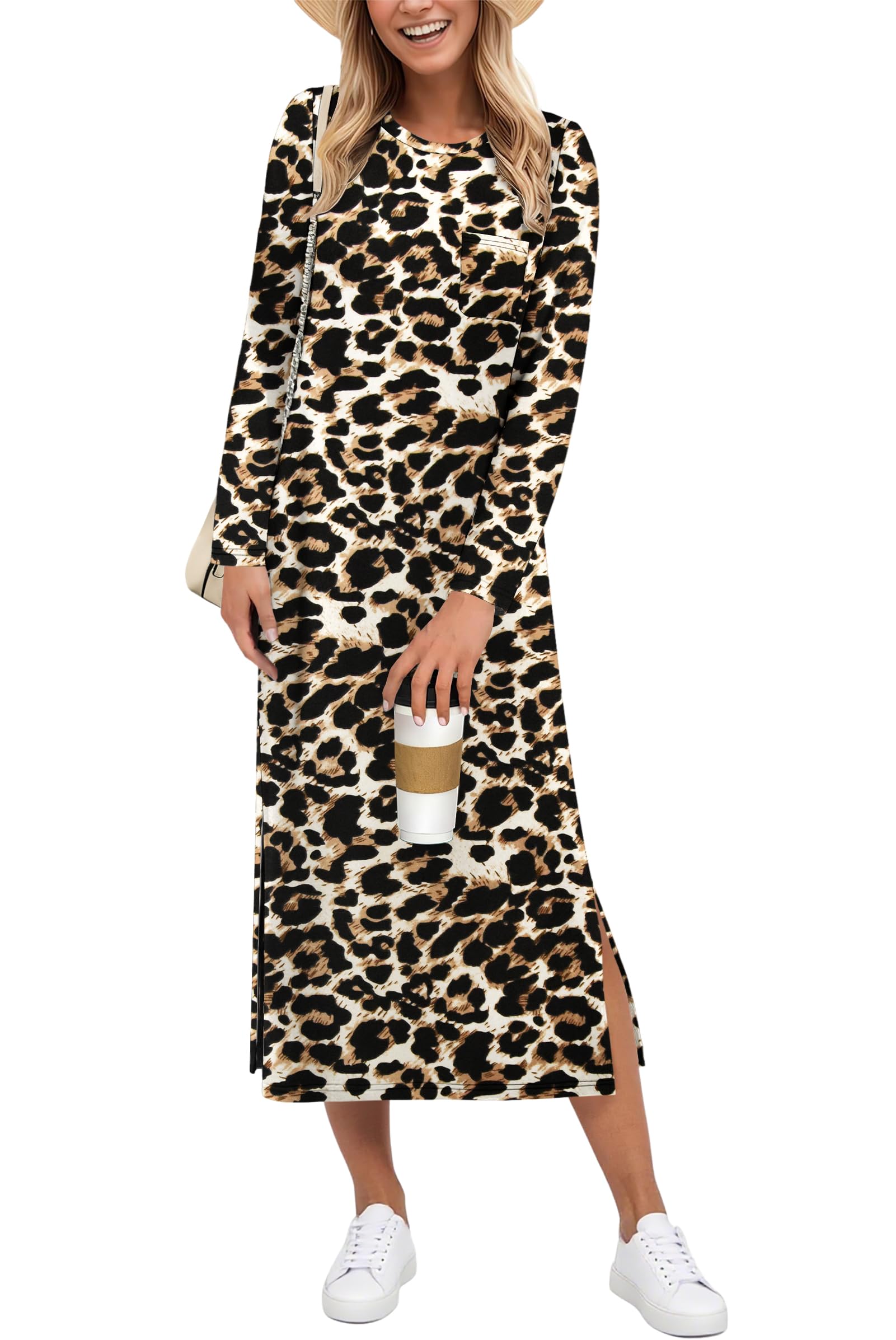 AUSELILY Winter Dresses for Women UK Maxi Split Loose Long Sleeve Dress Casual Ladies Dresses Spotted Leopard L