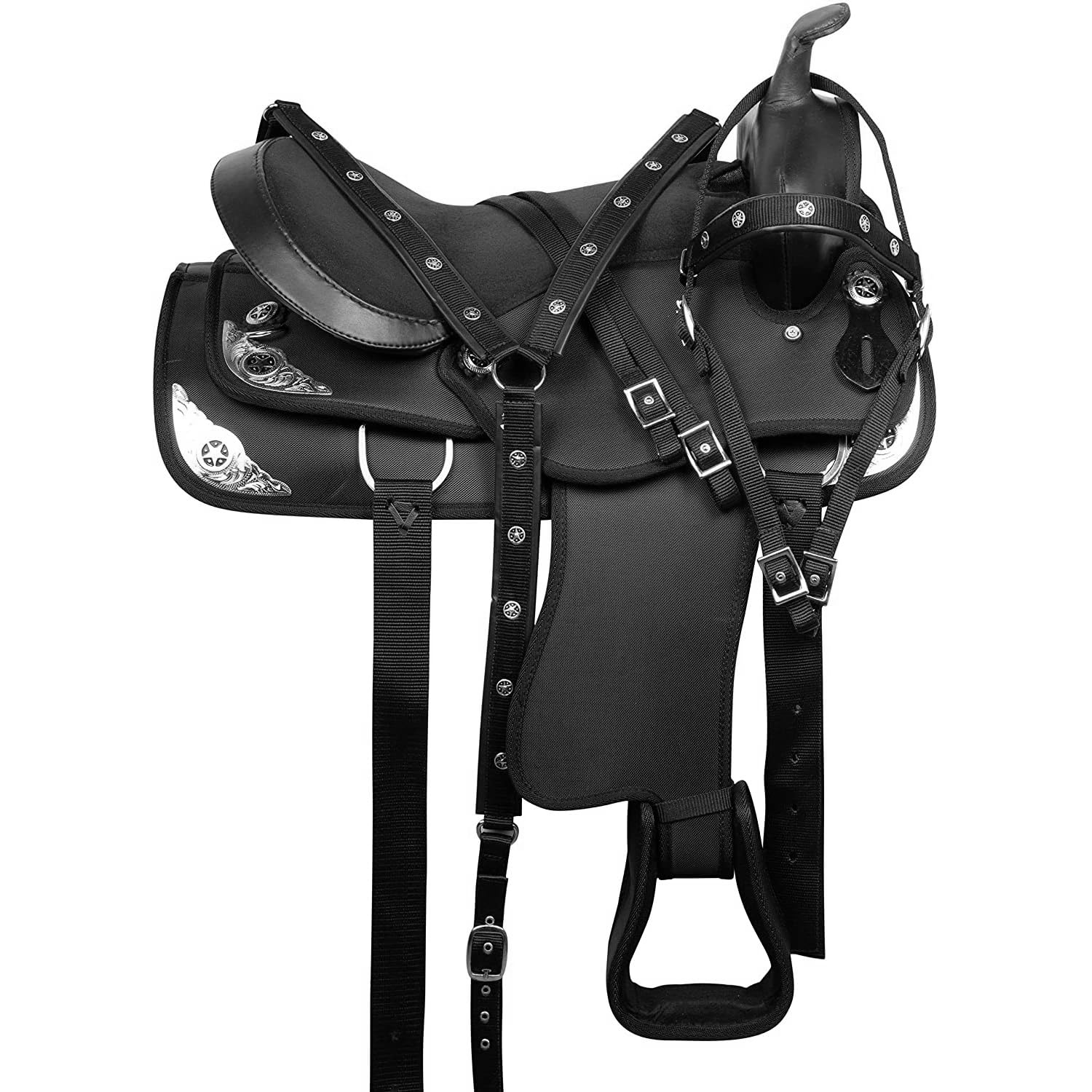 Western Horse Saddle Synthetic Pleasure Trail Barrel Racing Tack Set Nero 25,4 cm a 45,7 cm Seat 001