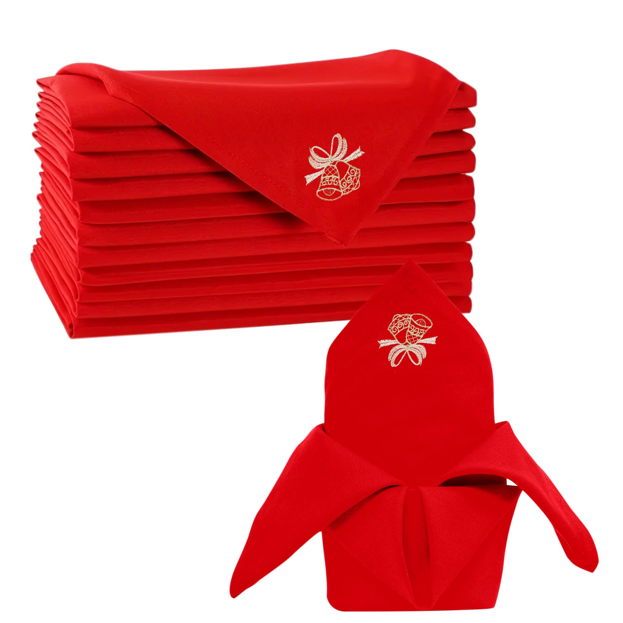 Trimming Shop Red Christmas Table Napkin Set including Festive Jingle Bell Embroidery, Spun Polyester