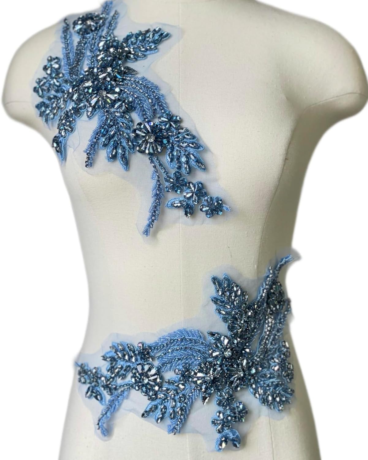 1 Pair of Handmade Rhinestone Appliques,26.5 * 18cm Light Blue Applique for Dress Wedding,Banquet Evening Gown,Photograph Shot Sewing Rhinestone Trim Patches (Light Blue-1)