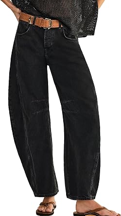Womens Barrel Jeans Vintage Mid Rise Wide Leg Y2k Baggy Boyfriend Ankle Denim Pants