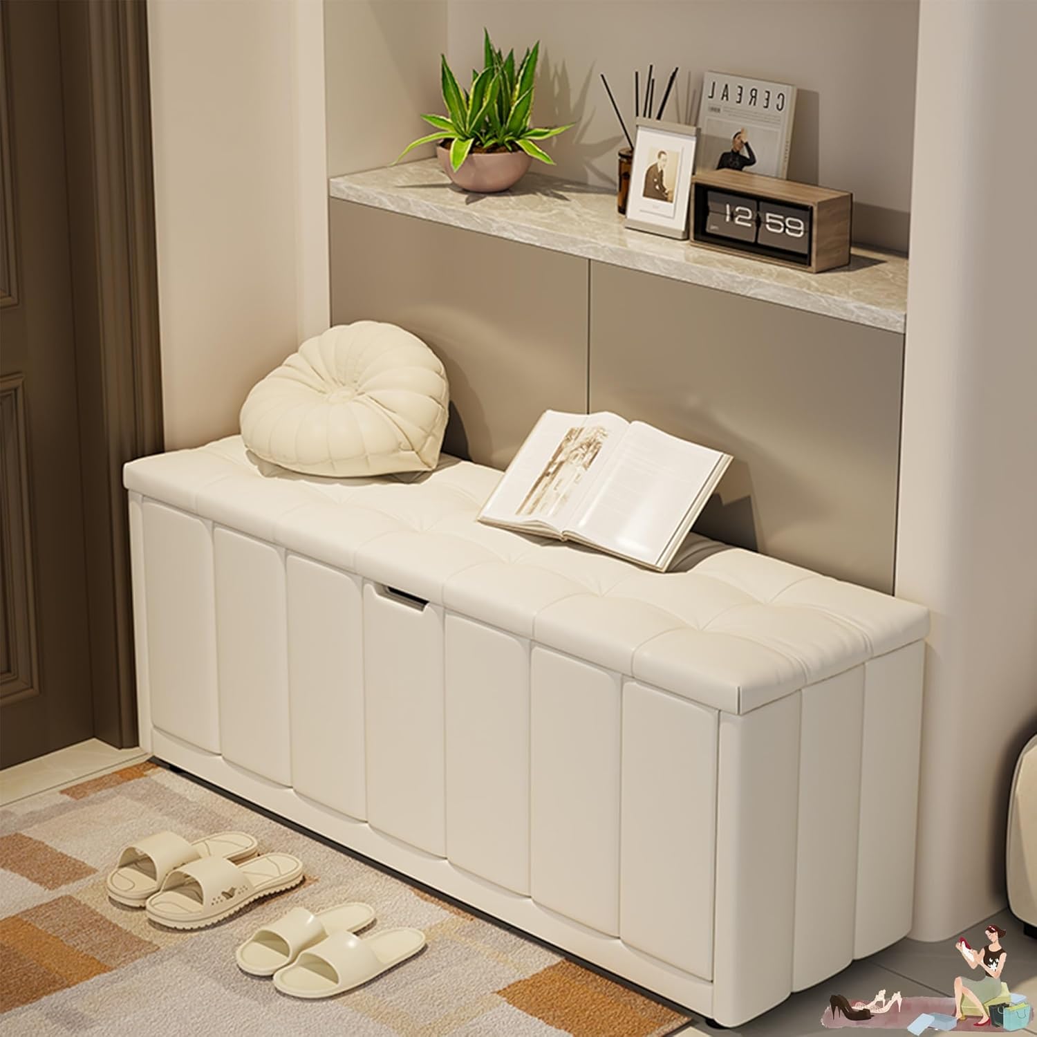 Entryway Shoe Storage Bench with Padded Seat and Hidden Storage Shoe Rack Organizer for Front Door Entrance Living Room Balcony Hallway (White 39.37in)