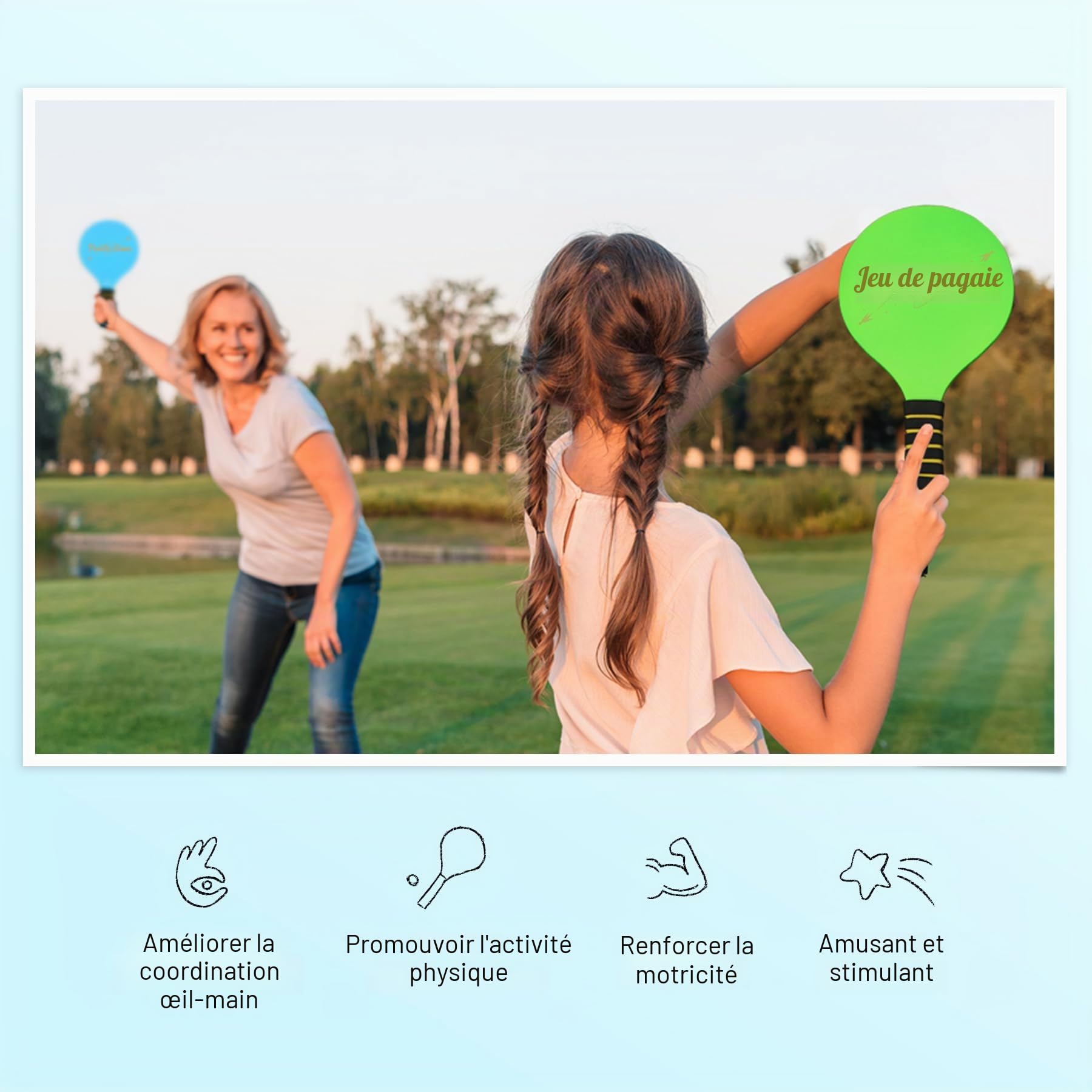 U&C Planet Beachball Set Paddle Ball Game Jeu de Raquette de Plage en Bois pour Les Enfants et la Famille 4 pagaies 4 balles et 8 Birdies Jouets pour Le Jardin et la fête de Plage
