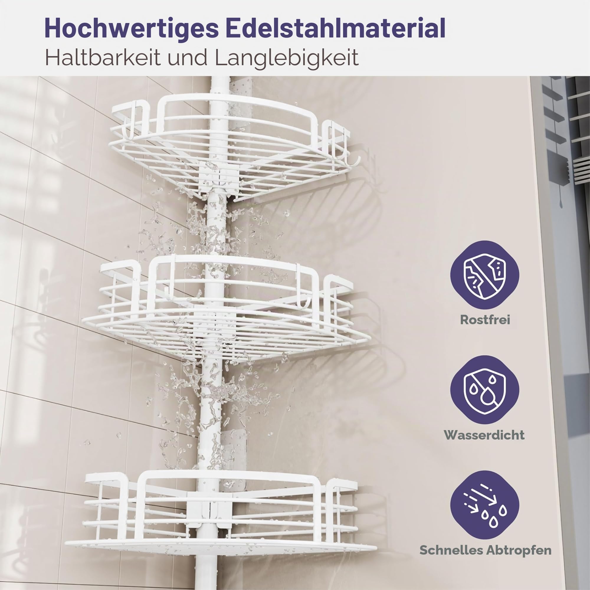 SWTYMIKI Duschablage ohne Bohren Ecke - Teleskop Duschregal Ecke, 70-267cm | Höhenverstellbar Duscheckregal Teleskop, Rostfrei Teleskop Badregal Shampoo Halterung für Dusche mit 4 Körben, Edelstahl